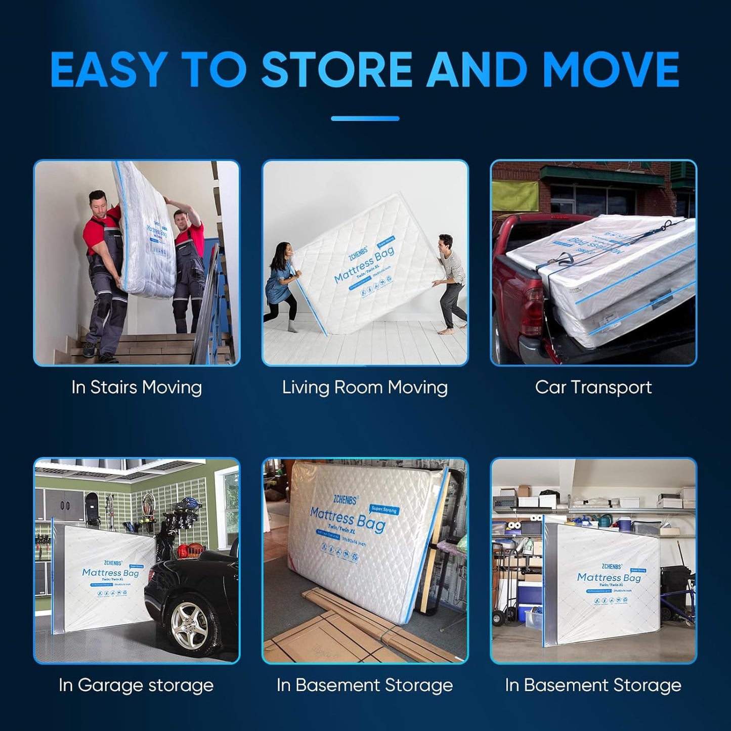 ZCHENBS® – Mattress Bags for Moving and Storage,Mattress Bag with Zippers,5 Mil Ultra-Thick Bed Bag,Waterproof,Anti-Tear,Heavy-Duty Mattress bag (Transaparent/Blue, Twin/Twin XL-(1 Pack))