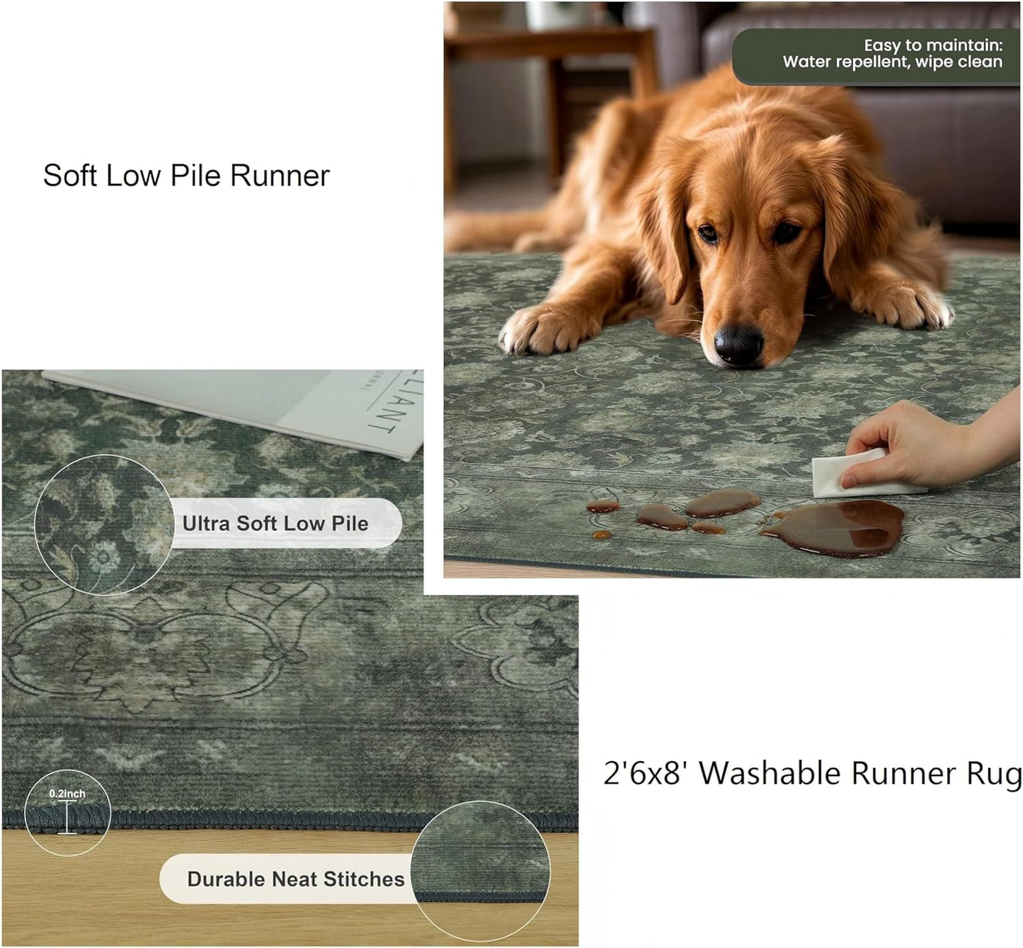 Large 8x10 Washable Area Rug for Living Room, Non Slip Vintage Traditional Rugs for Bedroom, Indoor Thin Accent Floral Nursery Carpet for Dining Room, Farmhouse (Distressed Green)