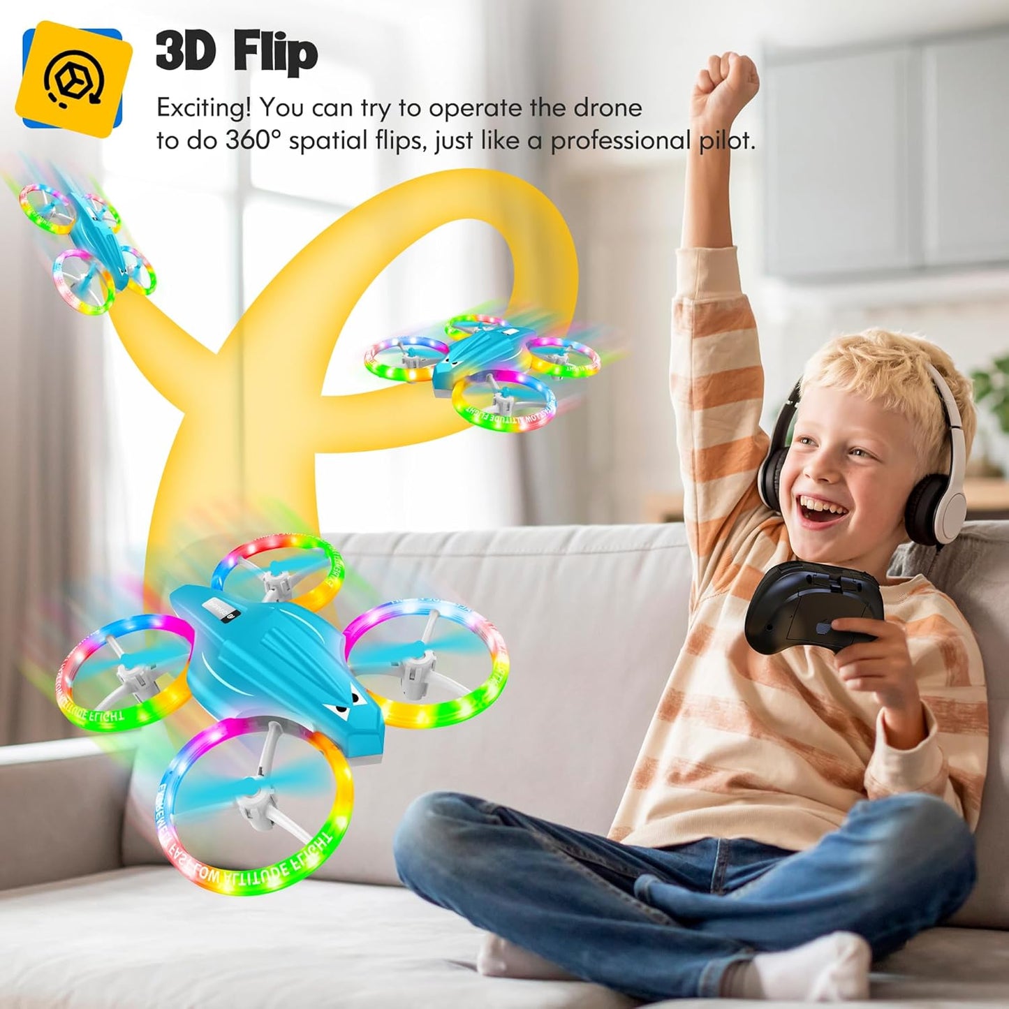 Drones for Kids With Cool Light, Kids Drone with 3D Flip, Altitude-Hold, Self-Rotation, Headless Mode, 3 Speed Modes, One-Click Take-off/Landing, Mini Drone for Beginners, Indoor（Light Blue）
