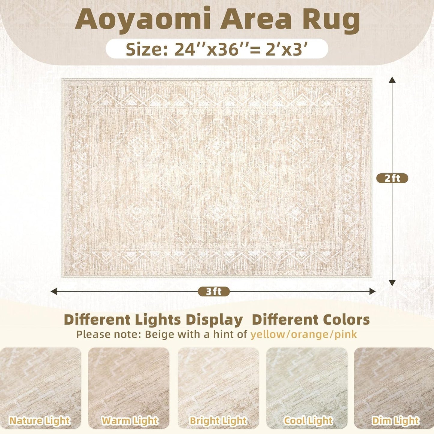 Moroccan Area Rug 2x3 - Washable Distressed Entryway Rug Non-Slip Small Rug, Soft Low-Pile Geometric Farmhouse Indoor Door Mat Floor Carpet for Entrance Bedroom Kitchen Bathroom (2 x 3, Beige)