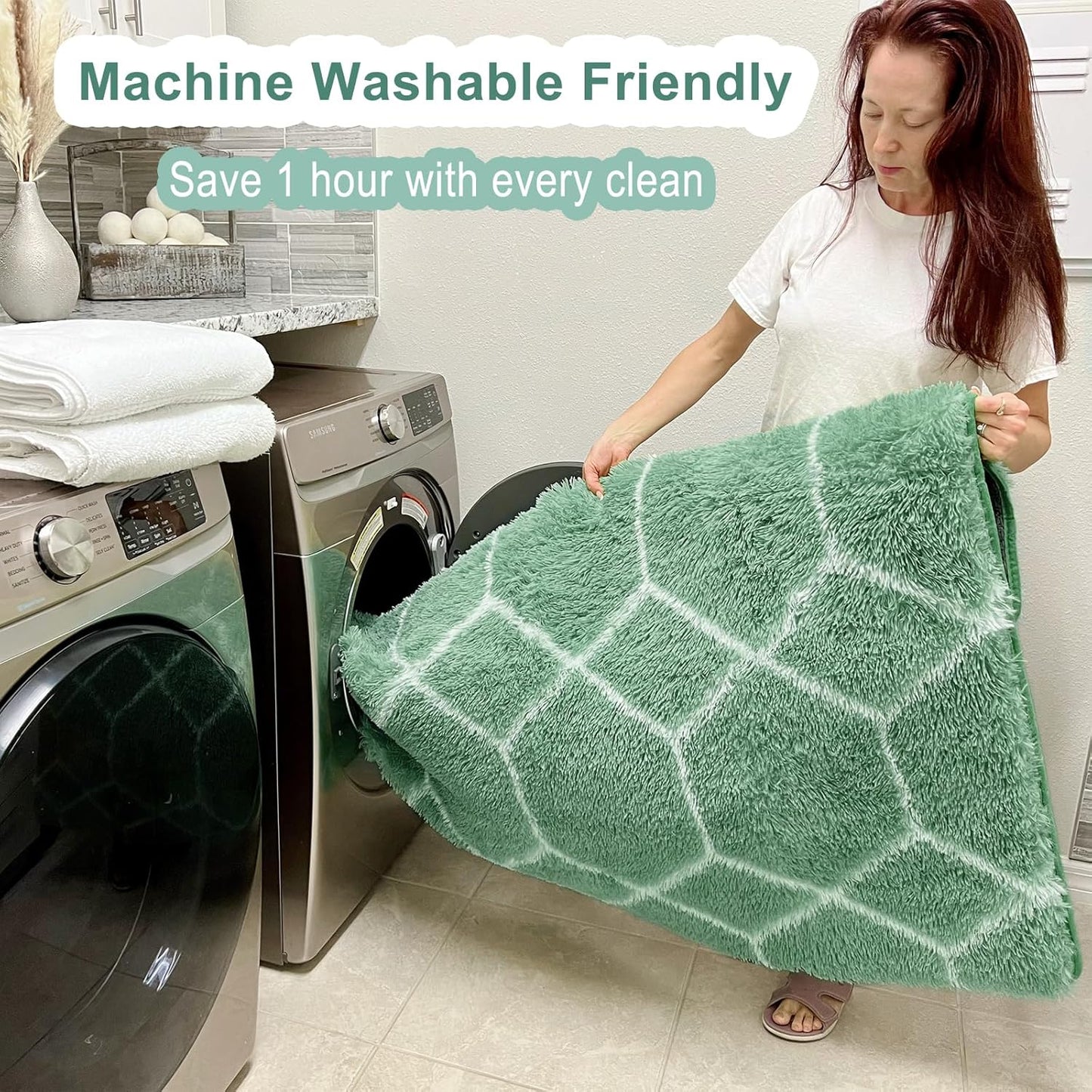 ONASAR Rugs for Living Room Bedroom, 5x8 Washable Fluffy Sage Green and White Area Rug, Geometric Boho Soft Plush Shaggy Floor Carpets for Nursery Kids Girls Boys Teen Dorm Home Decor Aesthetic