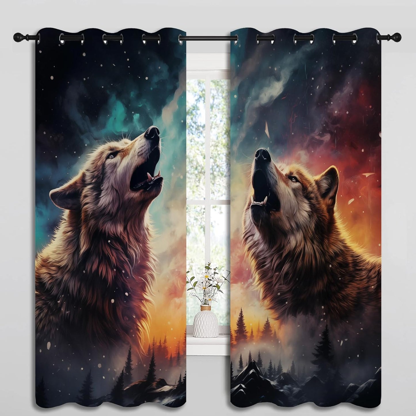 Fantasy Wolf Blackout Curtains for Boys Girl Bedroom Decor,Colorful Galaxy Misty Forest Wildlife Thermal Insulated Grommet Drapes Darkening Window Curtain for Living Room Home 55x63 inch
