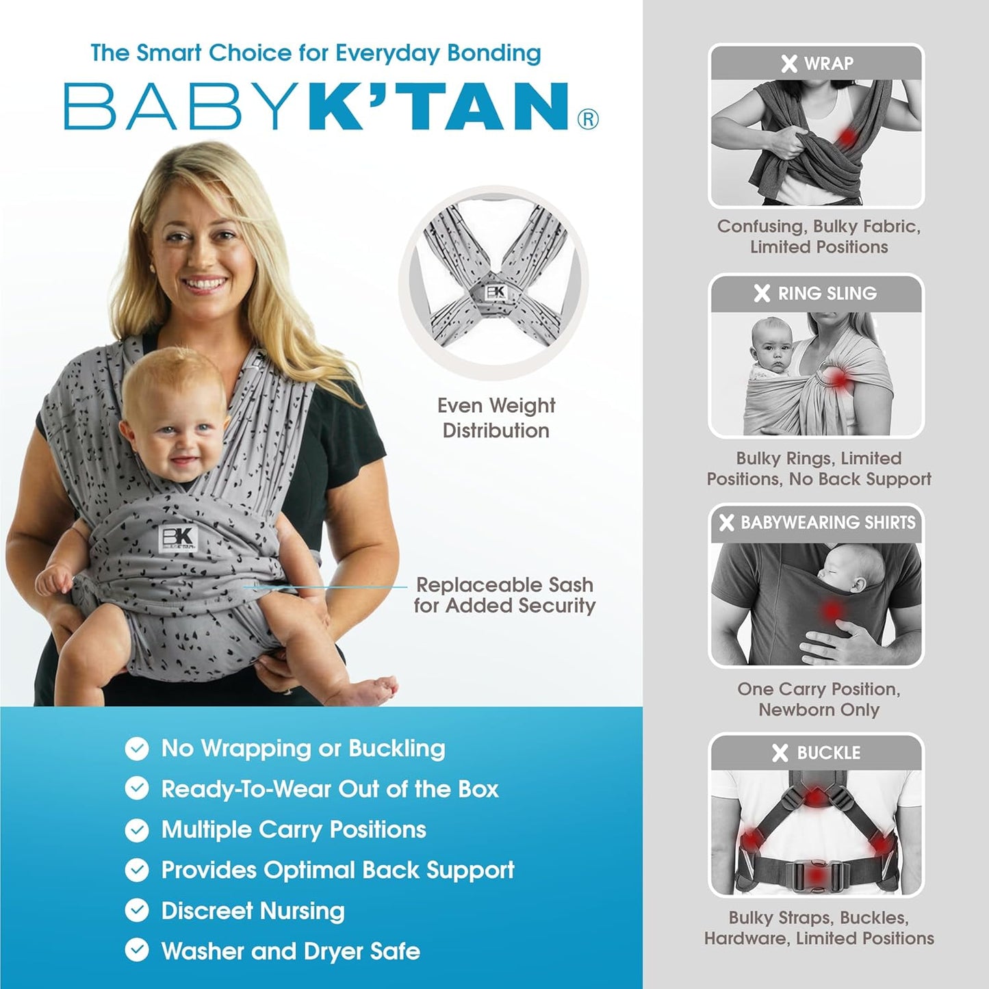 Small-Petite Original Baby K'tan Baby Carrier: #1 Easy Pre-Wrapped, Soft, Slip-On, No Rings, No Buckles | 5 in 1 Baby Sling Gift | Infant Wrap for Newborn to Toddler up to 35lb Women 2-4, Men up to 36