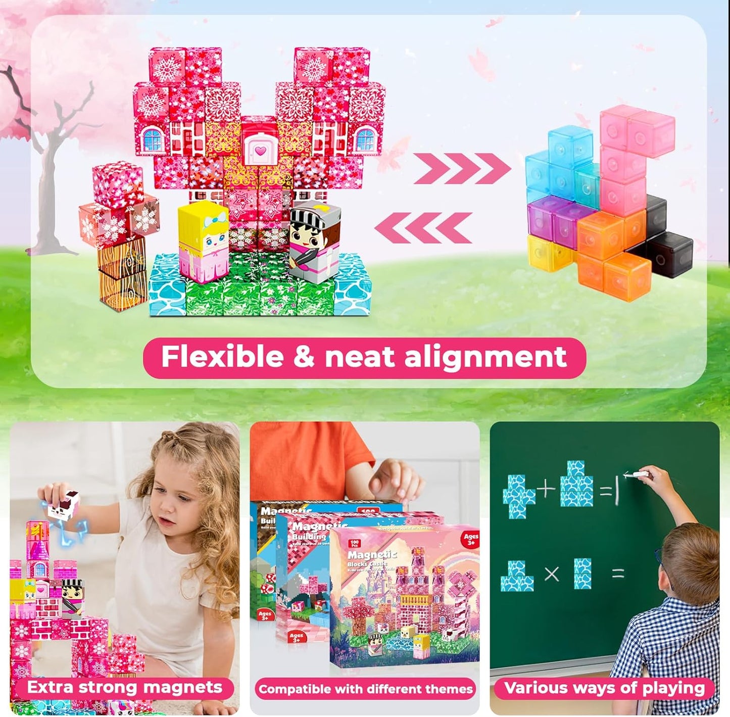 Magnetic Blocks - 100PCS Magnetic Building Block Cubes, Magnet Blocks Transparent Castle Princess Toy Building Sets for Kids, STEM Stacking Magnets Toys, Easter Birthday Gift for Boys Girls Age 4-8