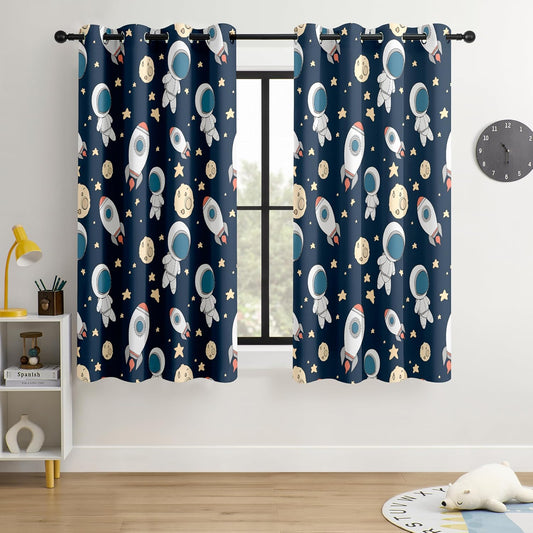 Kids Space Astronaut Planets Rockets Blackout Curtains - 100% Blackout, Thermal Insulated, Noise Reducing, for Kids Room and Nursery, 2 Panels (Astro Buddy Rockets, W52×L63)