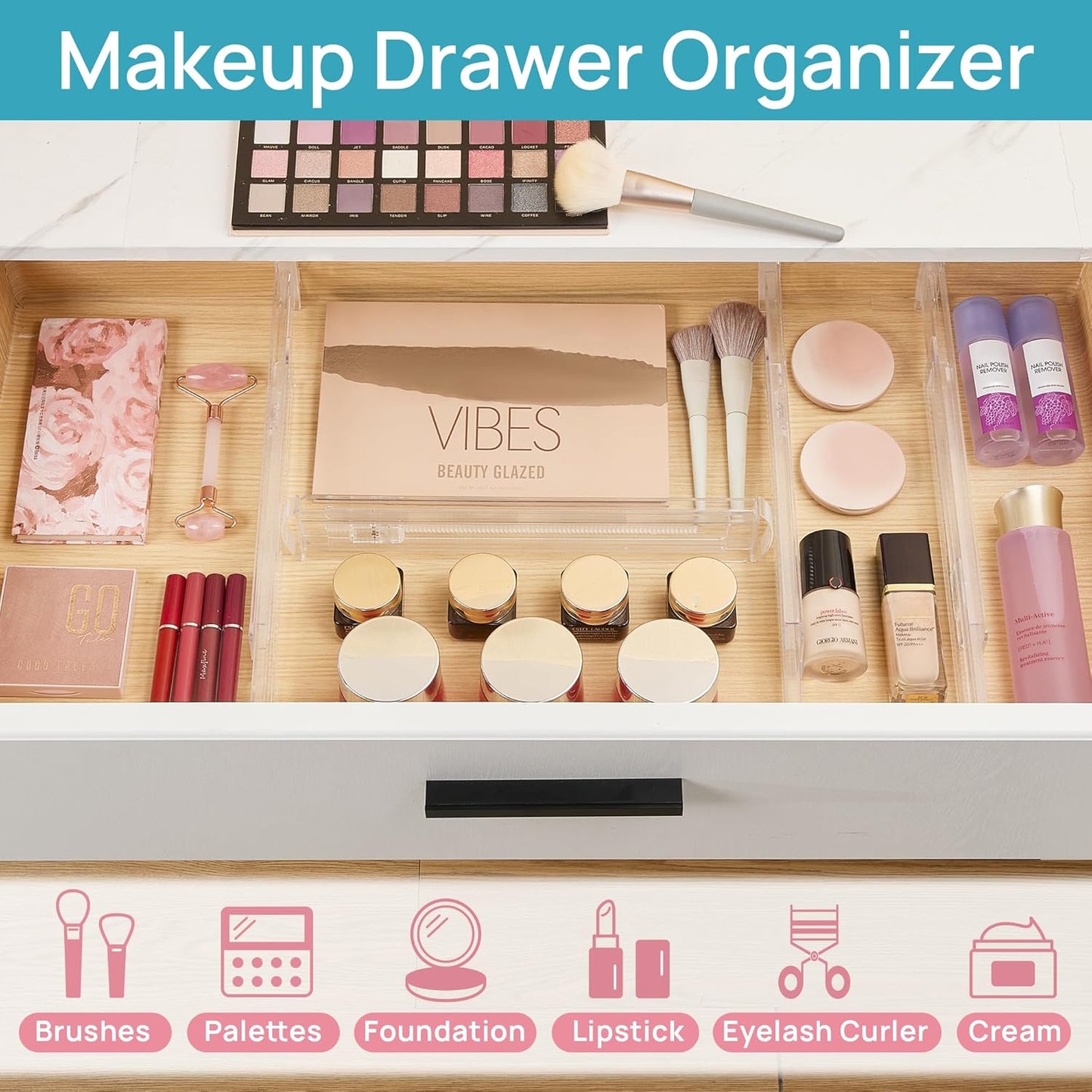 Vtopmart 8 Pack Shallow Drawer Dividers, 2.36" High 12.67"-21.14" Adjustable Expandable Kitchen Drawer Organizer, Clear Plastic Organizer Separators for Flatware, Utensil, Cutlery, Underwear, Clothes