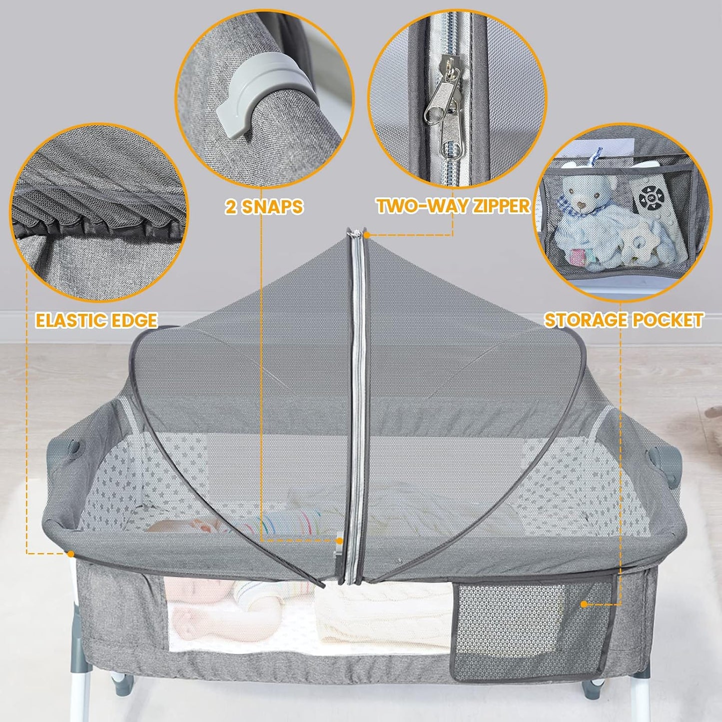Orzbow Bassinet Cover to Keep Cats Out, Toddler Mosquito Net for Bassinet with Two-Way Zippers & Storage Bag - Infant from Mosquito Bites and Falling Protection, Gray