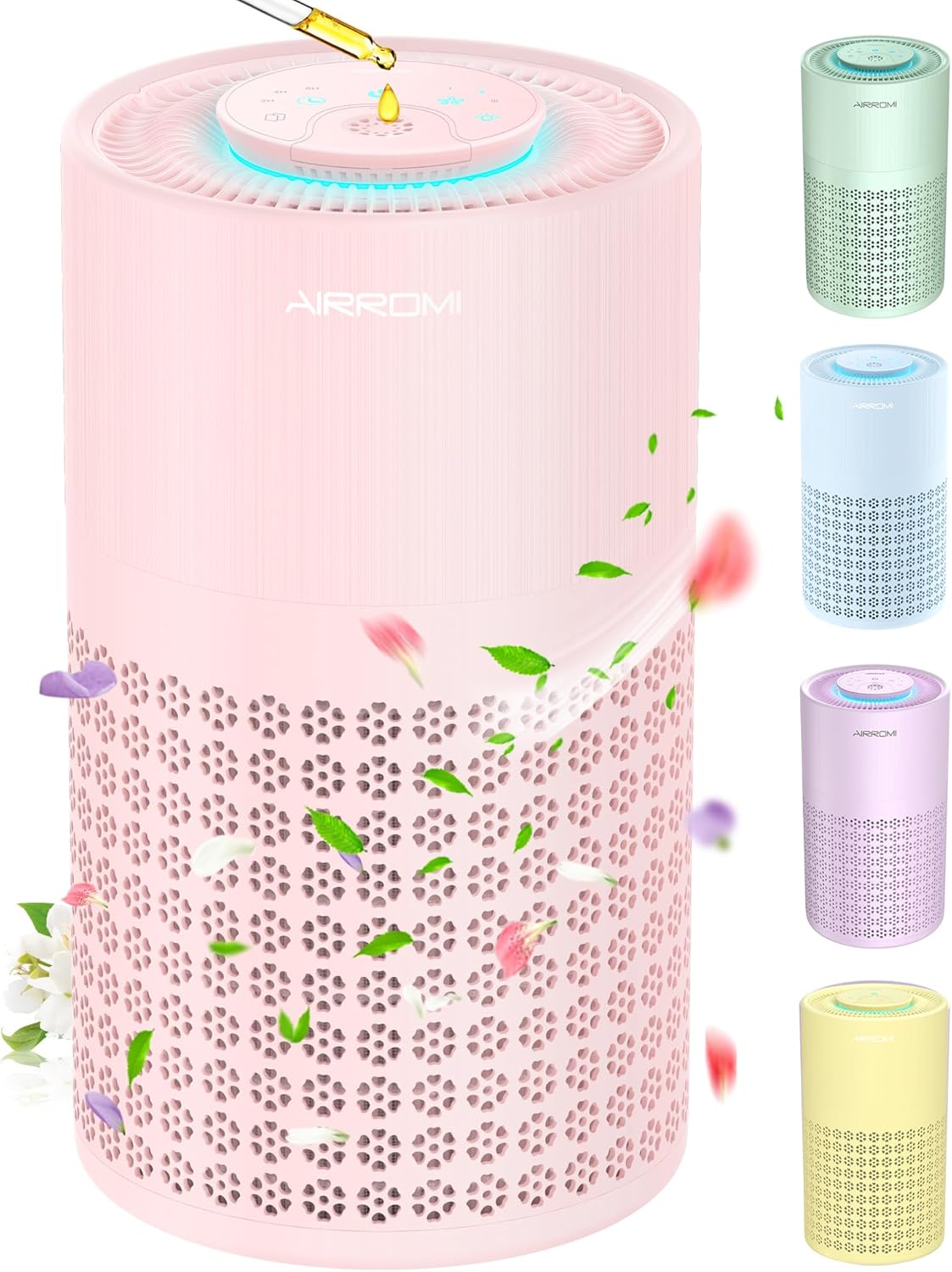 AIRROMI Air Purifier for Bedroom with HEPA 3-in-1 Filter, Pet Air Purifier for Home Cat Pee Smell, Covers Upto 990 Ft², Quiet 360° intake Air Cleaner for pet hair,allergies,Dust,Smoke A2001 Pink