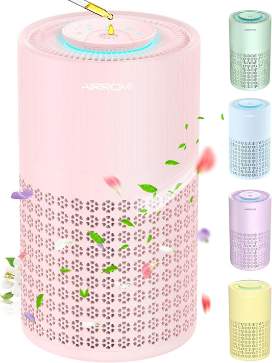 AIRROMI Air Purifier for Bedroom with HEPA 3-in-1 Filter, Pet Air Purifier for Home Cat Pee Smell, Covers Upto 990 Ft², Quiet 360° intake Air Cleaner for pet hair,allergies,Dust,Smoke A2001 Pink
