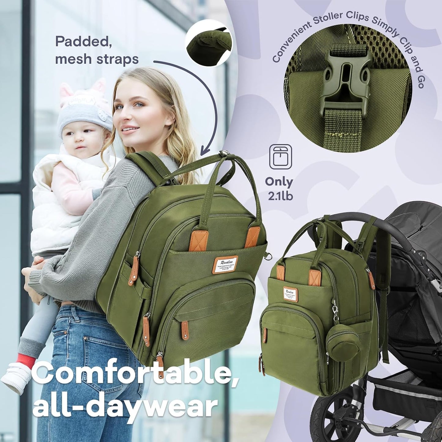 RUVALINO Diaper Bag Backpack-Expandable Baby Bag with up to 50% Capacity -Baby Essentials Bag with Changing Pad Insulated Bottle Holders & Pacifier Case, Waterproof, Army Green XL