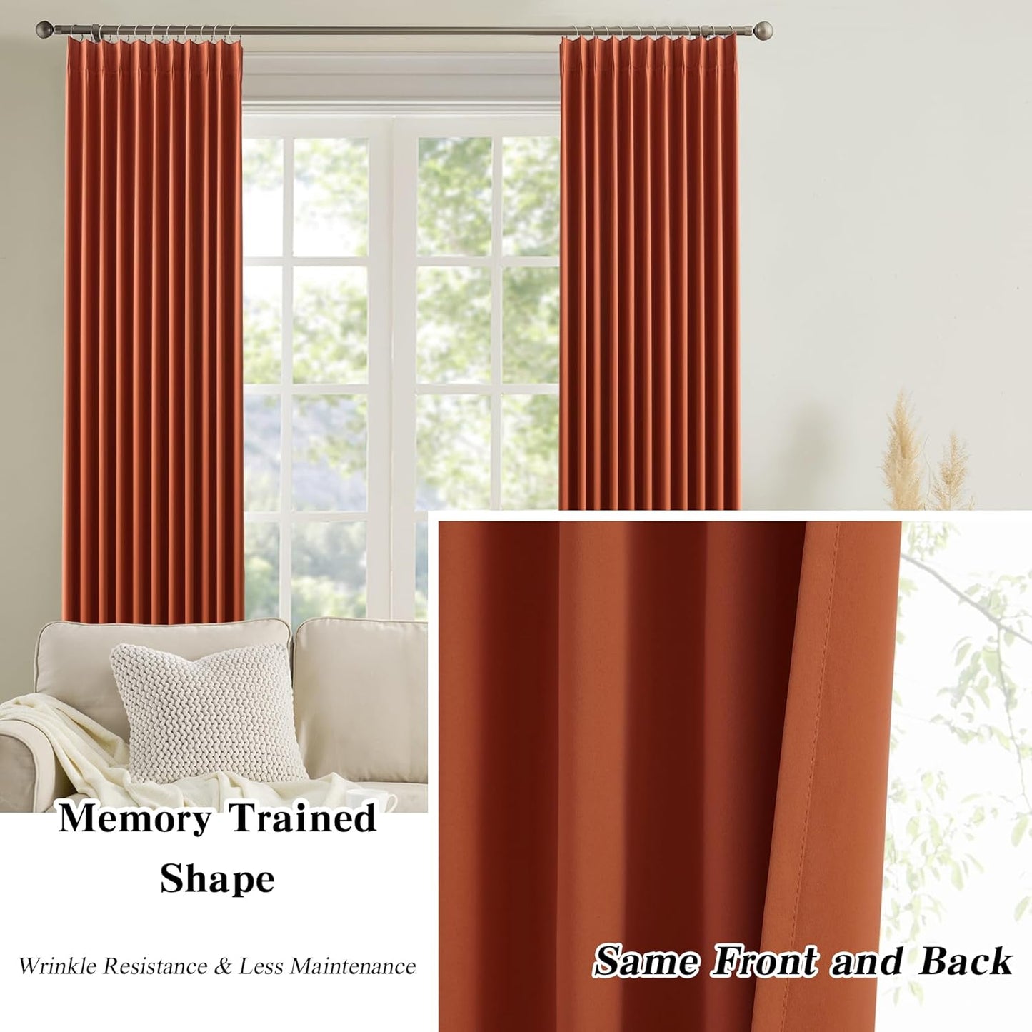 KEQIAOSUOCAI Long Copper Blackout Burnt Orange Curtains for Living Room 2 Panels Sets,Pinch Pleat with Hooks, Thermal Pleated Window Drapes Rustic Western Curtain for Bedroom W40 x L102