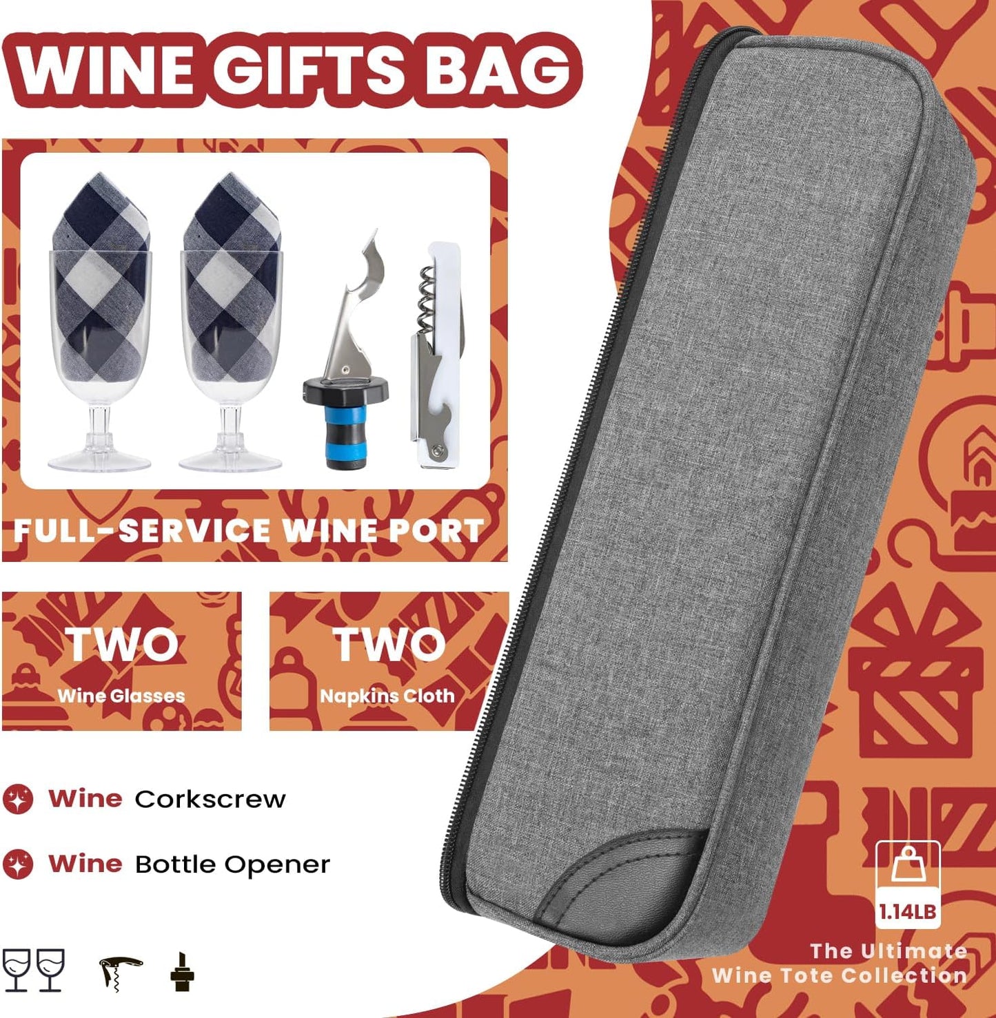 ALLCAMP Wine Bag - Insulated Cooler Bag with Wine Glasses, Bottle Opener & Wine Accessories for Wine Lovers - Portable Wine Gift Bag for Travel, Picnics, and Gift Ideas(Gray)
