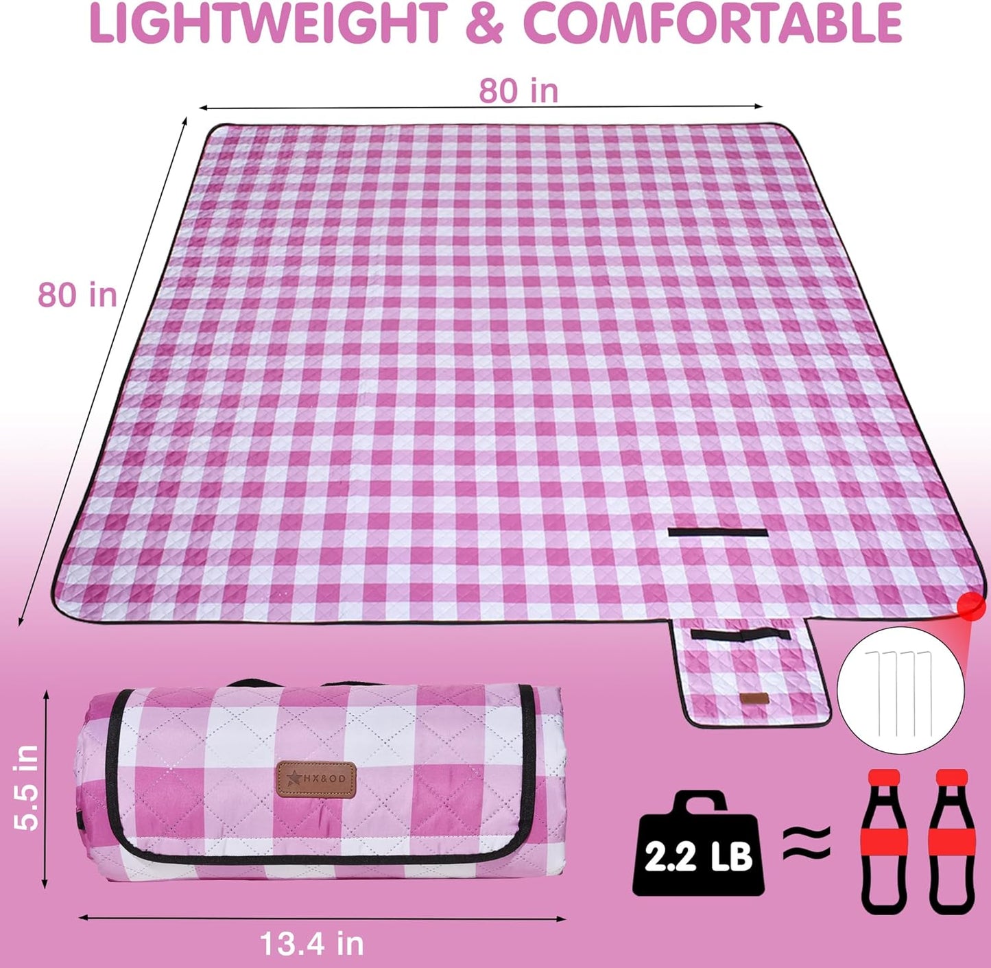 HX&OD Outdoor Picnic Blanket, Extra Large, 80''x80'' Waterproof Foldable Blankets Gingham Picnic Mat for Beach, Camping Grass Lawn Park Accessories Cute Couple Ideas Wedding (Pink, 80”x80”)