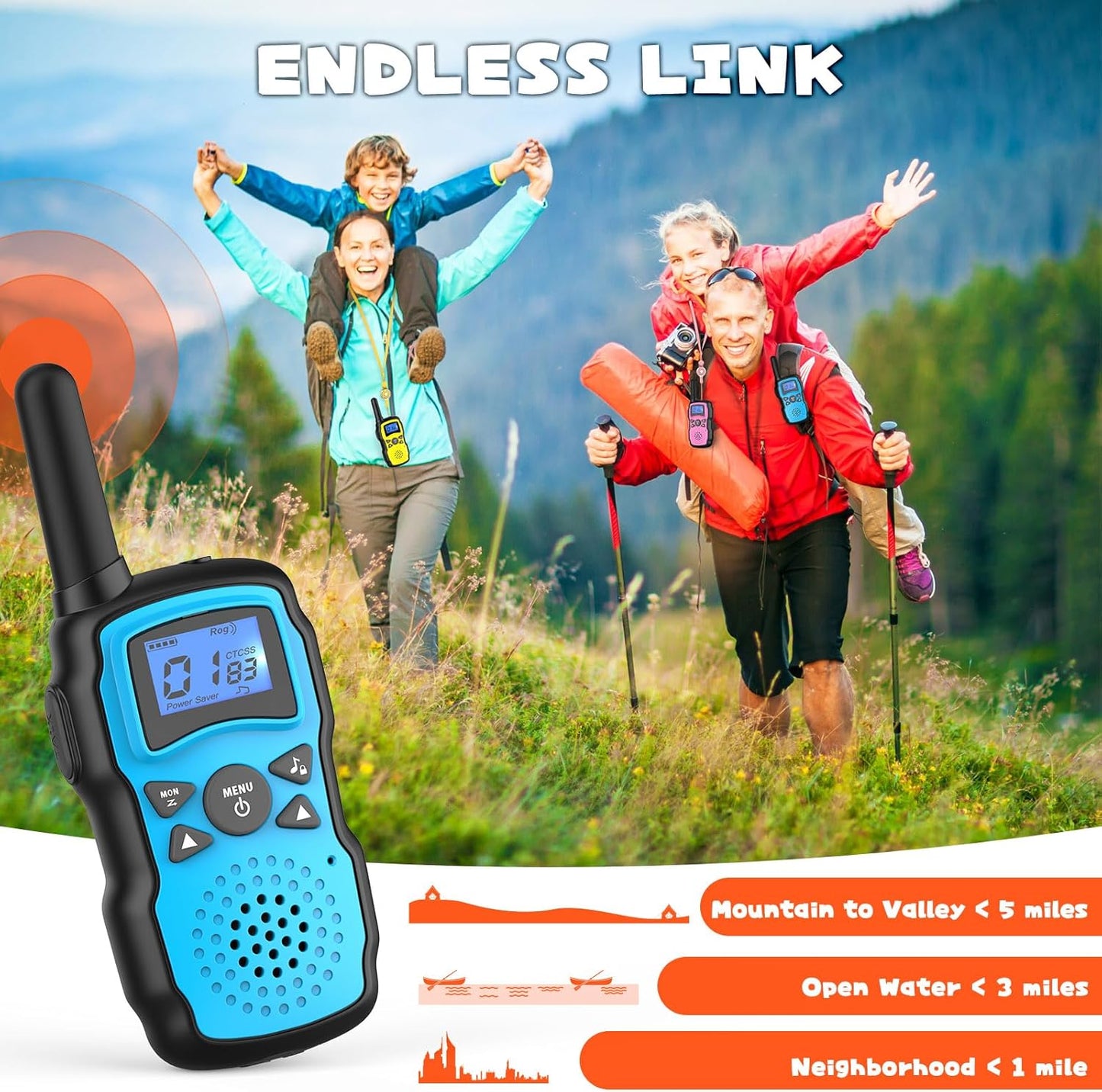 Wishouse Walkie Talkies for Kids Adults Long Range,Xmas Birthday Gift for 4 5 6 7 8 9 10 Year Old Boys Girls,Hiking Camping Gear Toys with Lamp,Lanyards,VOX,Easy to Use,4 Pack(No Battery No Charger)