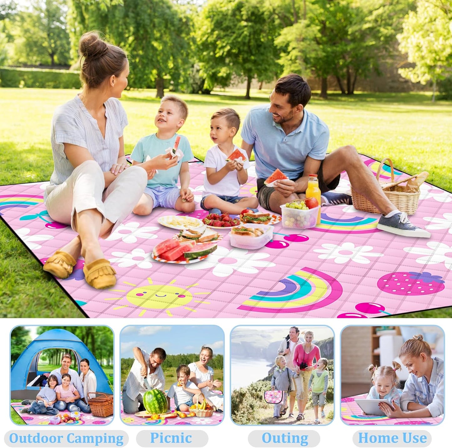 Extra Large Picnic Blanket Waterproof,80"x 80"Foldable Machine Washable Beach Blankets,Outdoor Blanket for 6-8 Adults, Picnic Mat Suitable for Indoor Crawling,Park Beach,Camping,Hiking, Travel(Pink)