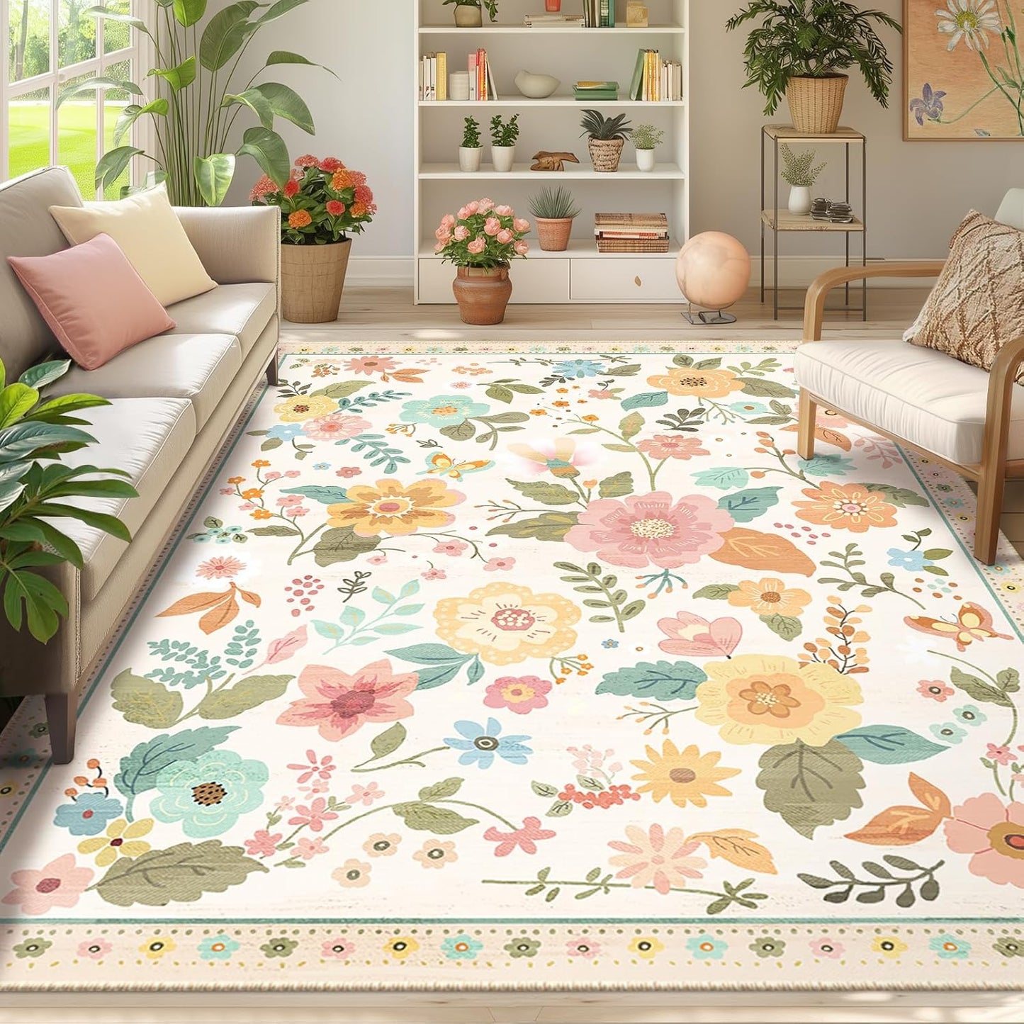 Floral 9x12 Area Rug Machine Washable Soft Print Boho Carpet Non Slip Doormat Low Pile Flower Area Rugs for Living Room Bedroom Nursery Kitchen Dining Room Indoor-Beige/White/Orange