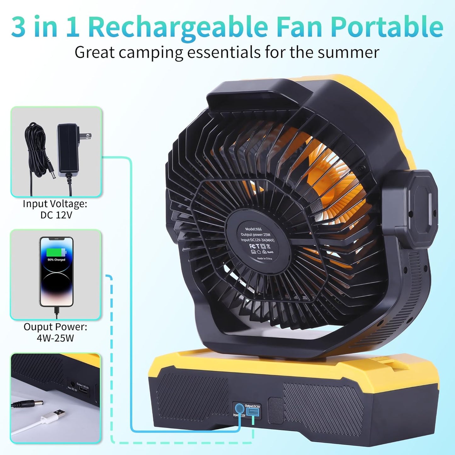 Battery Powered Fan Powerful Airflow Battery Operated Air Circulator Fan for Bedroom,Quiet & 360°Auto Oscillating Rechargeable Camping Fans with LED Light (RGBW) X66 Yellow