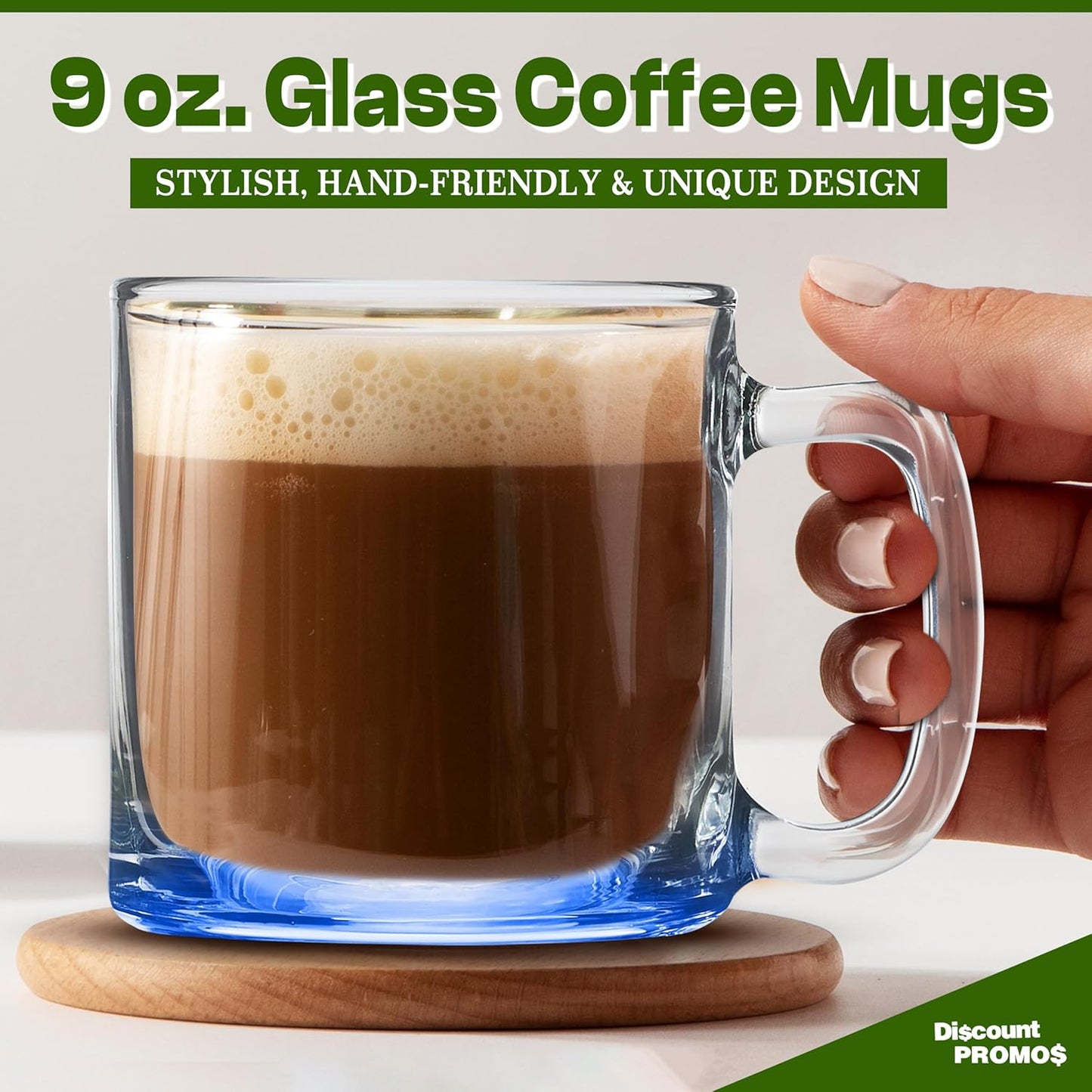 DISCOUNT PROMOS Small Glass Coffee Mugs 9 oz. Set of 10, Bulk Pack - Perfect for Coffee, Tea, Espresso, Hot Cocoa, Other Beverages - Blue