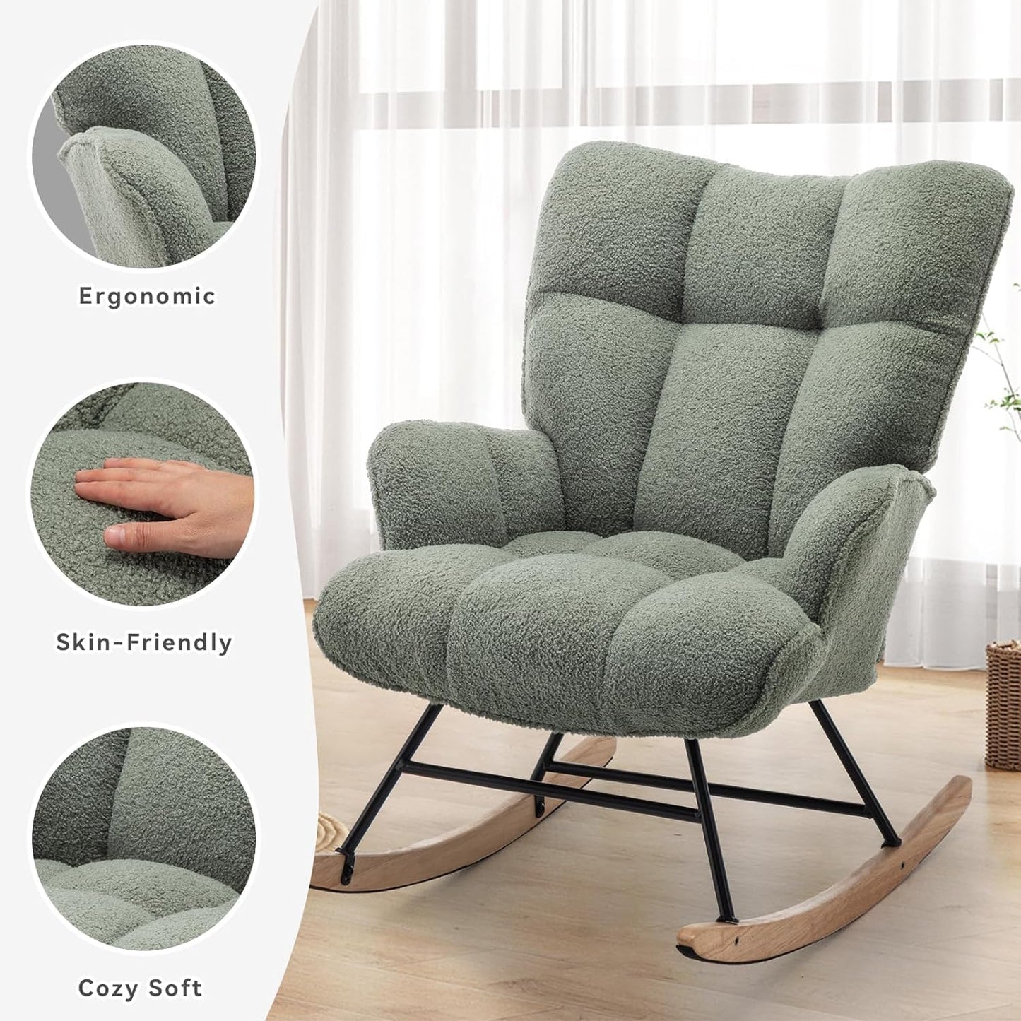 Rocking Chair Nursery Teddy Upholstered Glider Rocker Rocking Accent Chair Padded Seat with High Backrest Armchair Comfy Side Chair for Living Room Bedroom Offices (Green Teddy)