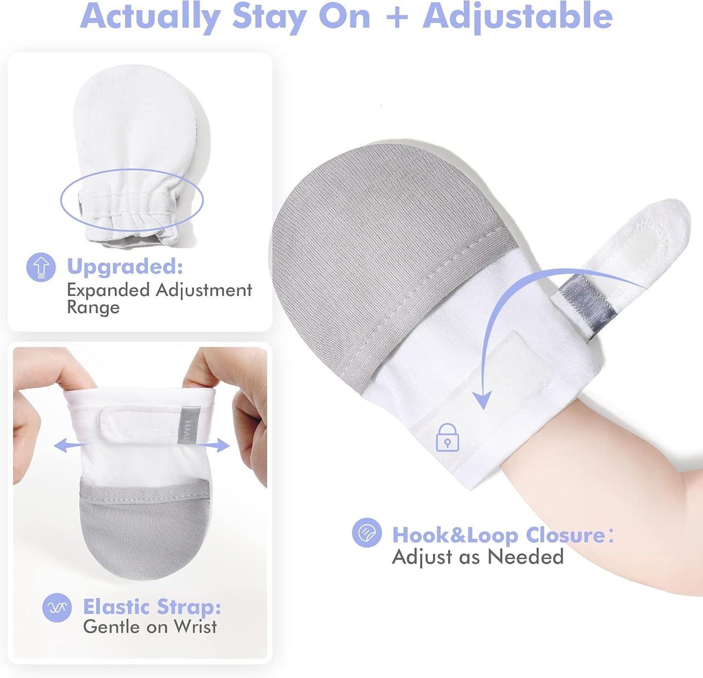 HAPIU Baby No Scratch Mittens Stay On, 100% Cotton Breathable, Adjustable Infant Gloves for Boys Girls, Newborn - 12 M