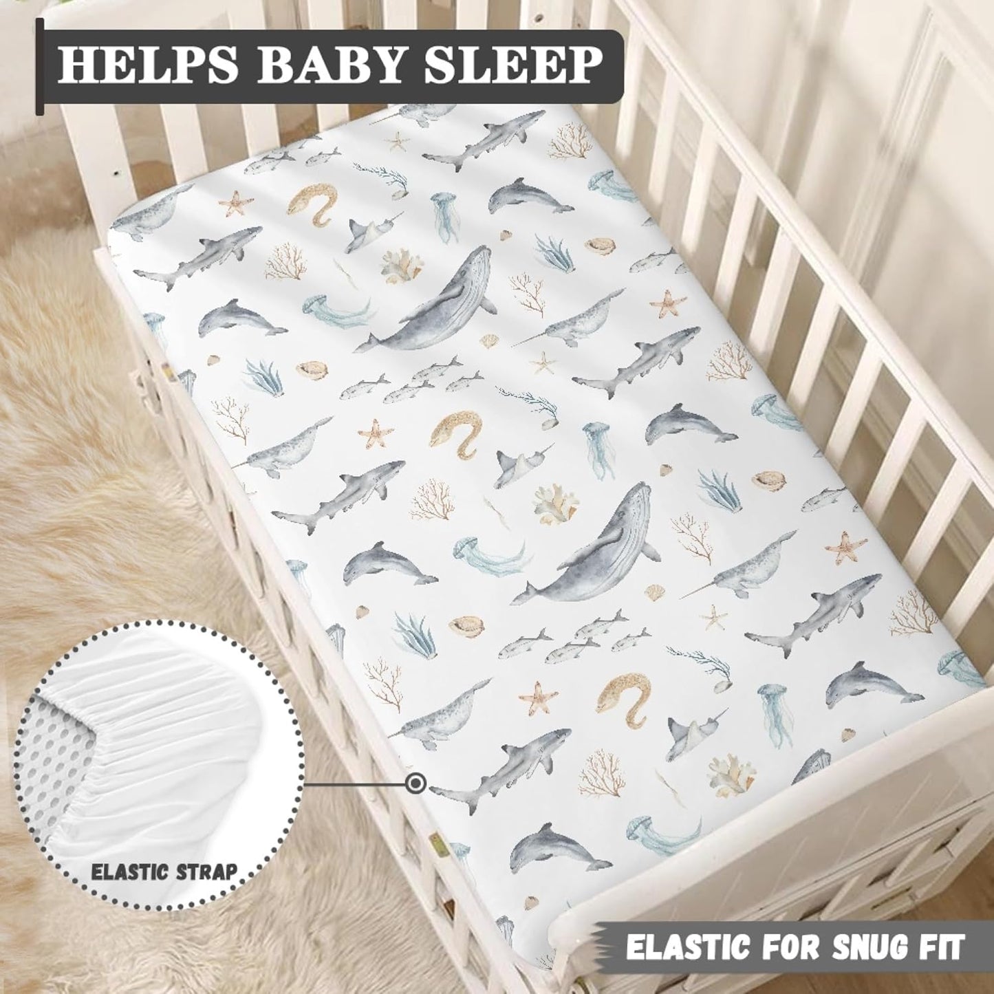 Underwater World Whale Fitted Crib Sheet Ocean Animals Baby Crib Sheet Fit Standard Crib and Toddler Mattress,Crib Mattress Sheets for Boys Girls 28"x52"