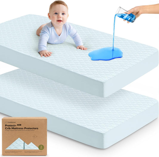 Waterproof Crib Mattress Protector Cover Fitted - 2-Pack Quiet Baby Crib Mattress Pad Sheets, 52" x 28" Soft Quilted Cotton Baby Sheet, Machine Washable, Easy Fit, Durable (Frost/Mavy)