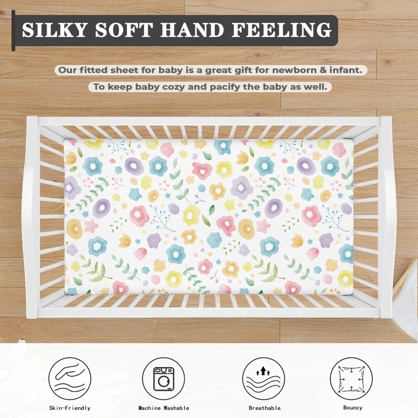 Pastel Flower Fitted Crib Sheet Floral Baby Crib Sheet Fit Standard Crib and Toddler Mattress,Crib Mattress Sheets for Boys Girls 28"x52"