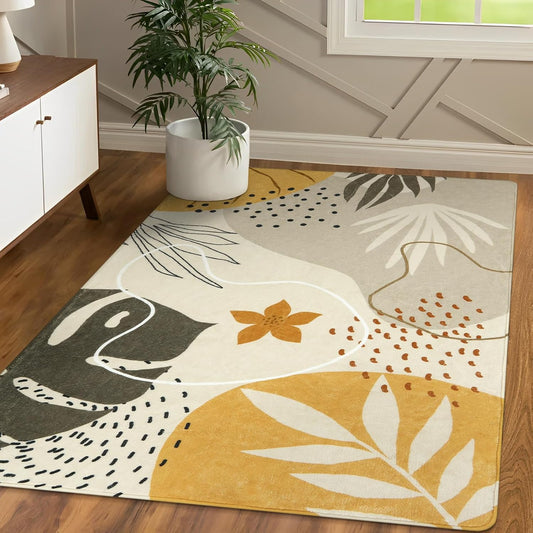 LLahome Boho 3x5 Washable Area Rug - Small Non-Slip Low-Profile Soft Rugs for Bedroom Living Room, Ultra-Thin Botanical Print Indoor Modern Carpet for Entryway Laundry Room Kitchen Office, Tan