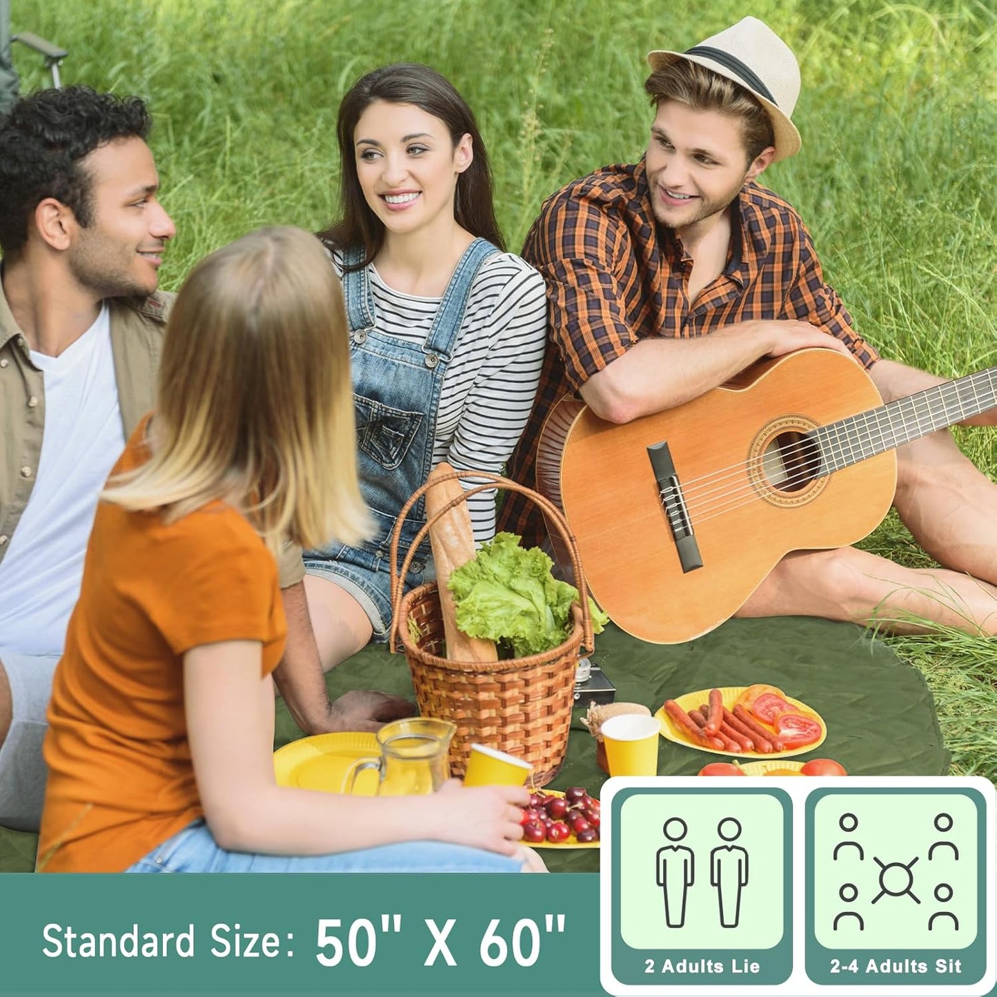 Solaris Waterproof Picnic Blanket, Lightweight 50” x 60” Foldable Sandproof Beach Blanket with Large Pocket, Portable Outdoor Camping Blanket Great Couples Gift Ideas, Green Camo