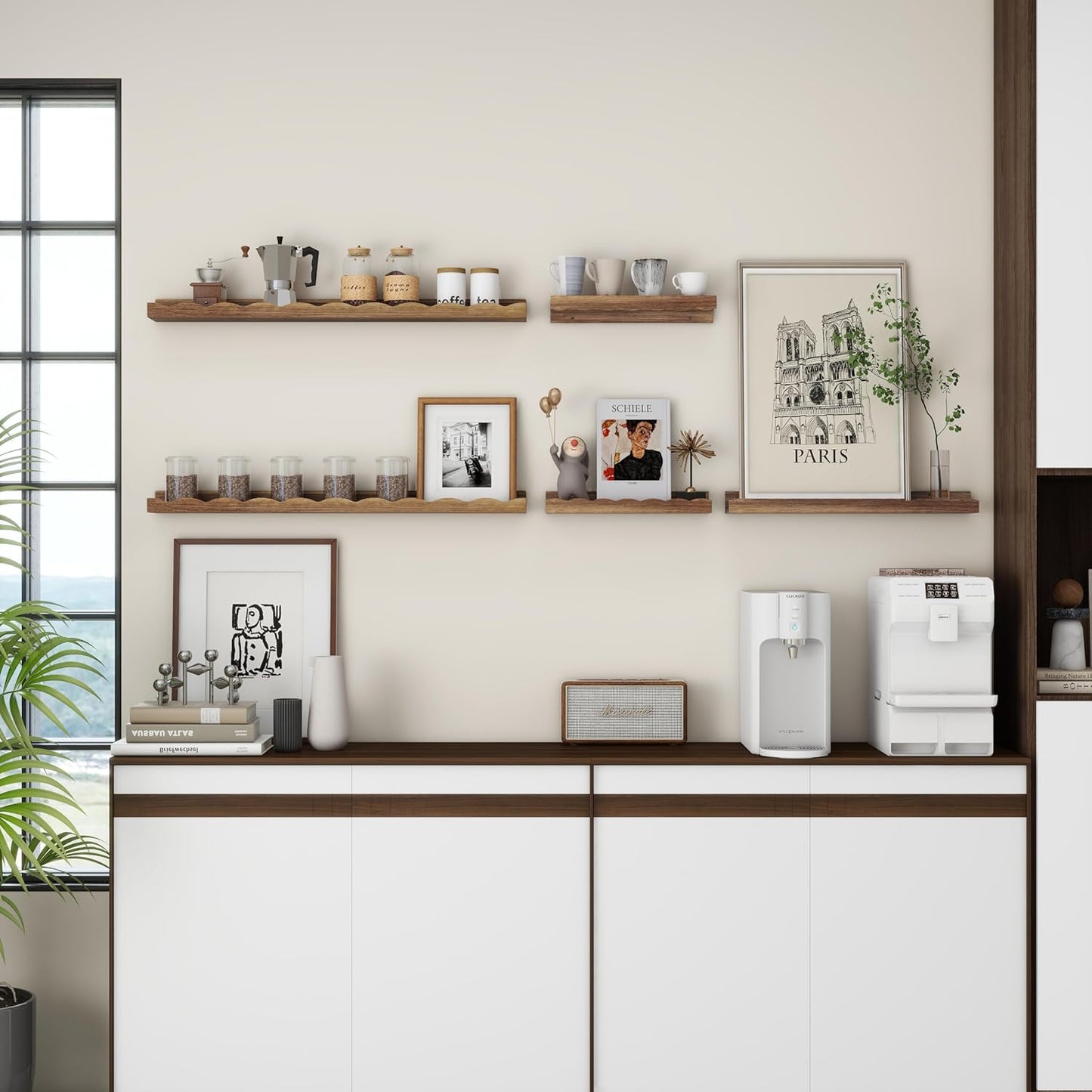 Fun Memories Picture Ledge Shelf for Wall, 16 inch Pine Wood Nursery Book Shelves Set of 4- Wall Book Shelves for Kids Room, Home Decor - Kitchen Spice-Carbonized