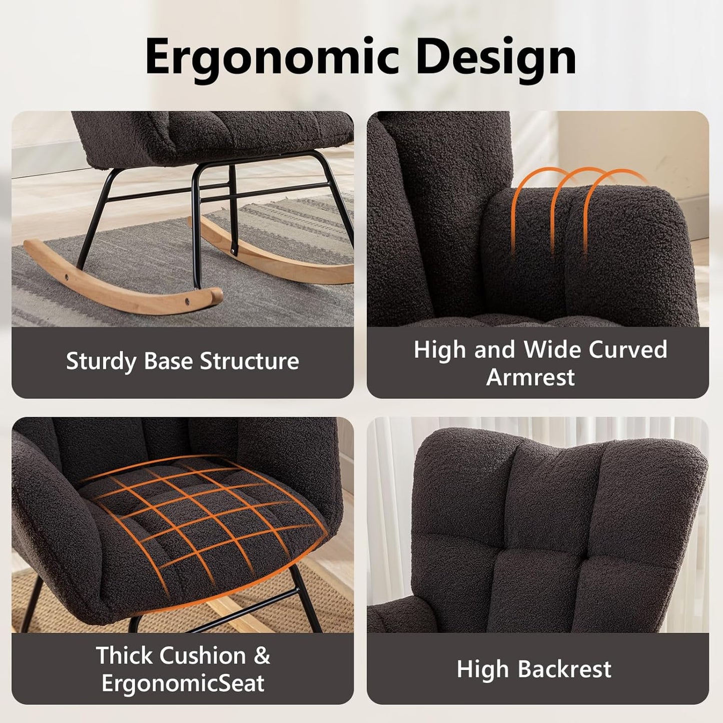 NIOIIKIT Nursery Rocking Chair Teddy Upholstered Glider Rocker Rocking Accent Chair Padded Seat with High Backrest Armchair Comfy Side Chair for Living Room Bedroom Offices (Dark Grey)