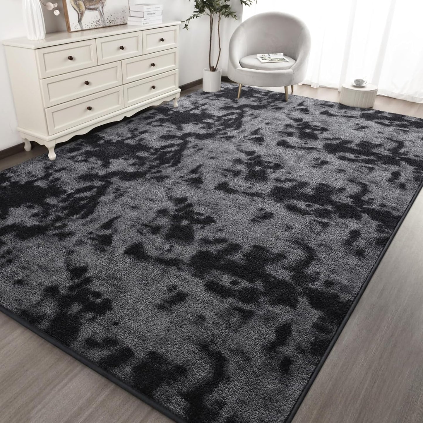 Kimicole 5x8 Washable Area Rugs for Bedroom Living Room, Low Pile Ulta-Thin Solid Color Rug, Non-Slip Soft Fluffy Carpet for Nursery Kids Room Dorm Room Home Decor (Dark Grey)