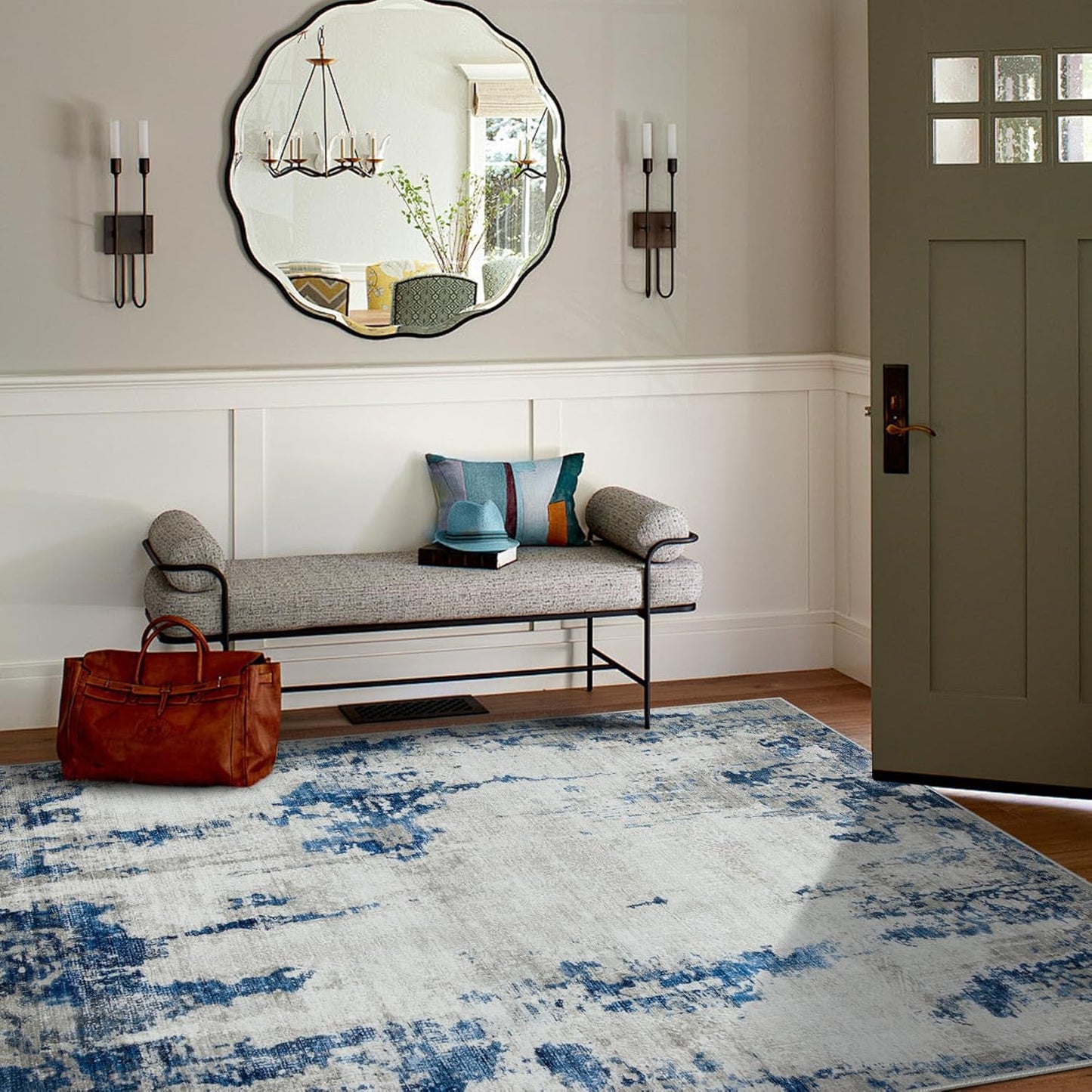 5x7 Area Rugs for Living Room Rug Washable: Modern Rug for Dining Room Bedroom Carpet Non Slip Low Pile 5 by 7 Indoor Abstract Nursery Home Office Blue White