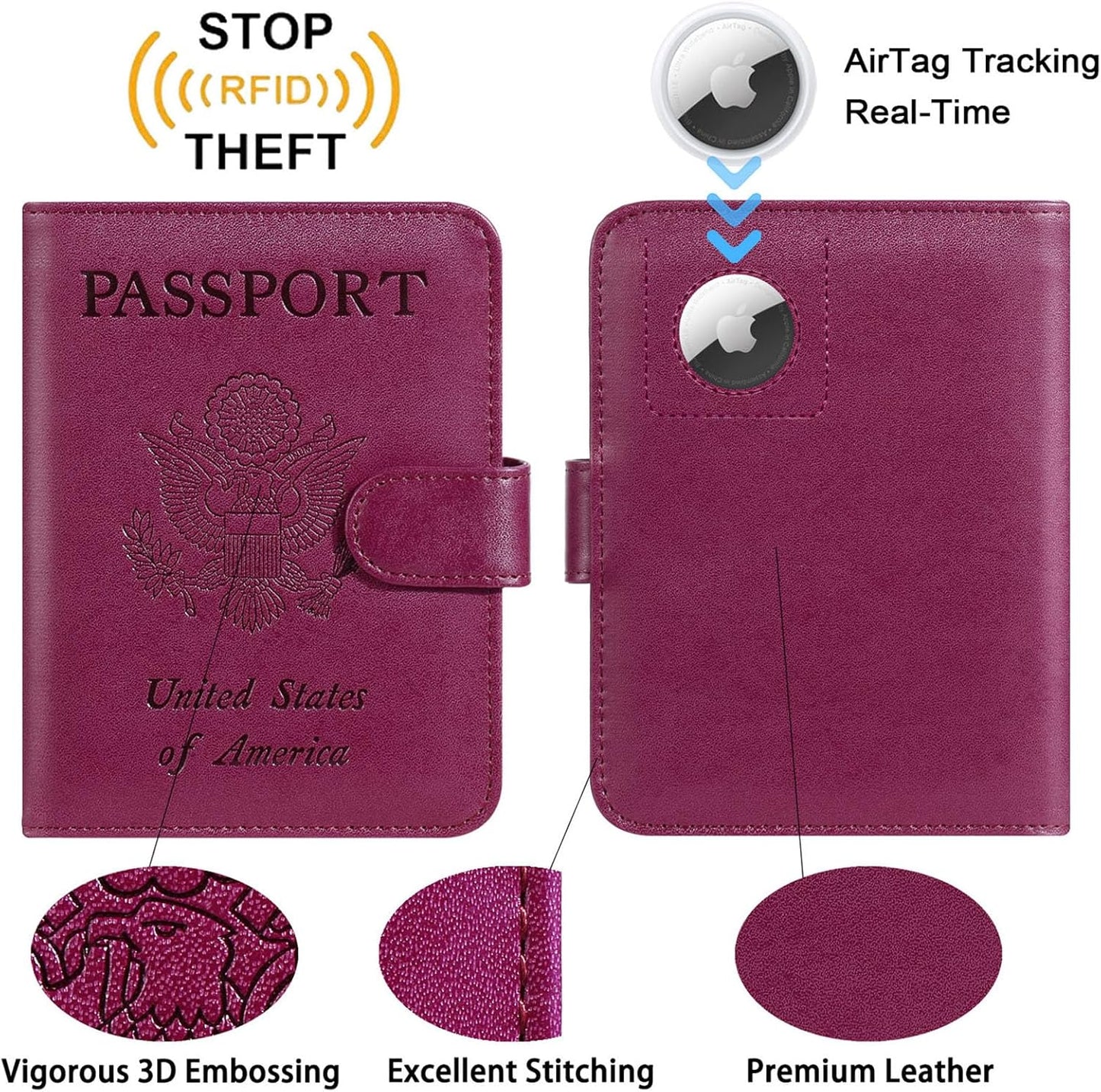 Airtag Passport Holder Cover Wallet RFID Blocking Leather Case Travel Essentials Luggage Accessories Travel Must Have(118#Purple)