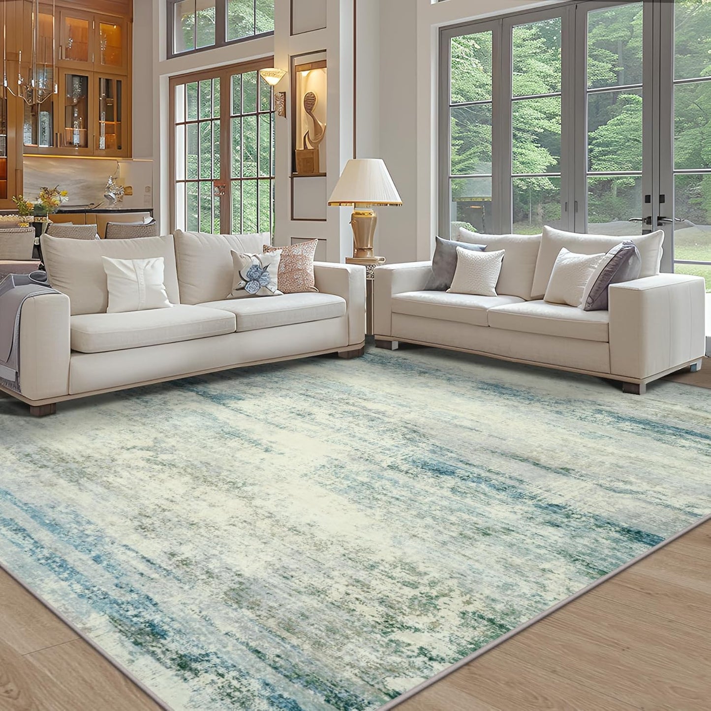 Area Rug 9x12 Washable Rugs: Abstract Large Living Room Rugs with Non-Slip Backing, Thin Carpet for Dining Room Table Bedroom Nursery Indoor Home Office-Blue/Gray
