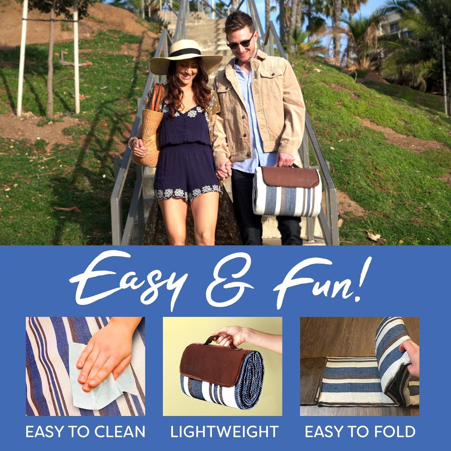 scuddles 60" x 60" Extra Large Outdoor Picnic Blanket – Waterproof, Foldable Travel Mat for Beach, Camping, Grass, Lawn, Park, Summers – Dual Layer, Soft Throw Rug Fits 4 Adults