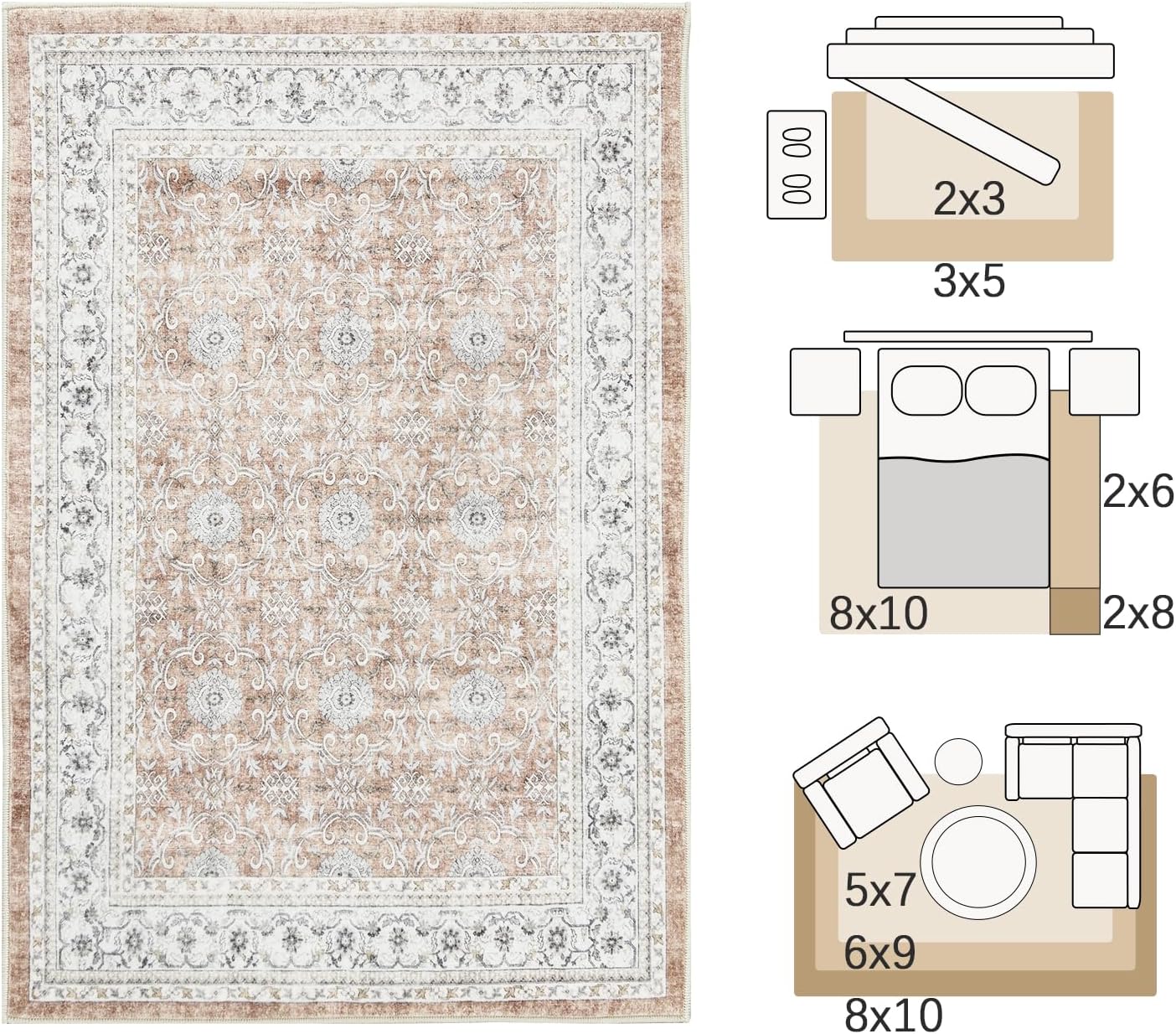 jinchan Washable Area Rug 3x5 Entryway Low Pile Boho Floral Print Rug Faux Wool Soft Indoor Doormat Stain Resistant Non-Slip Ultra-Thin Rug Kitchen Living Room Bedroom Dining Room Office Orange