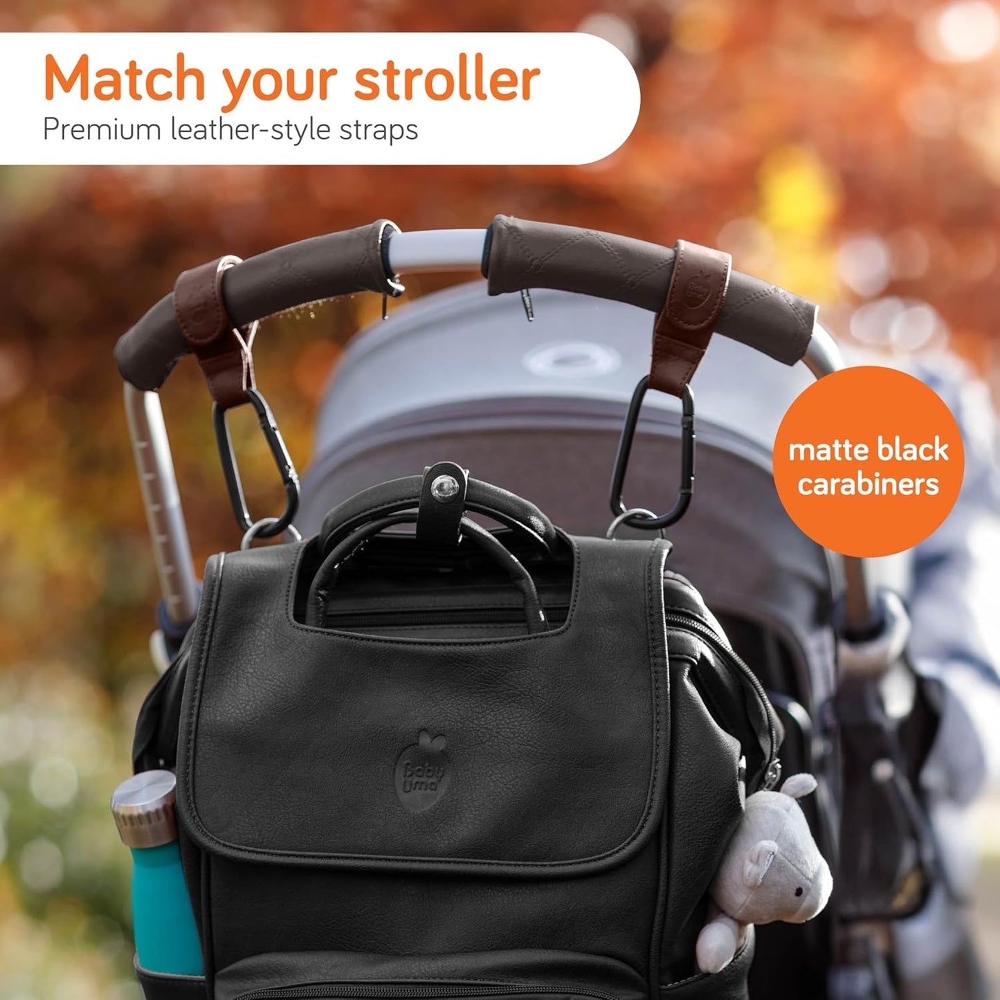 Baby Uma Stroller Hooks for Bags (2 Pack) - Leather-Style Stroller Clips and Hooks, Non-Slip Stroller Accessories, Carry 11 lbs Per Stroller Hook, Universal Baby Essentials & Stroller Accessories