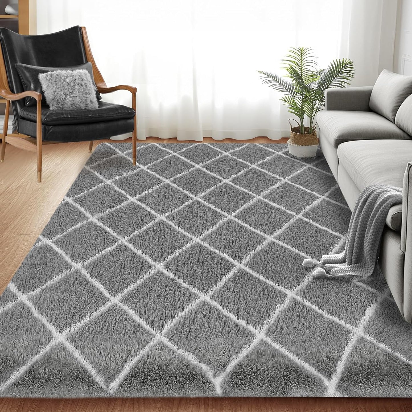 Fluffy Rug for Bedroom, Stripe Checkered Rug Anti-Skid High Pile for Living Room Bedroom Kids Room Nursery, Dorm Home Decor