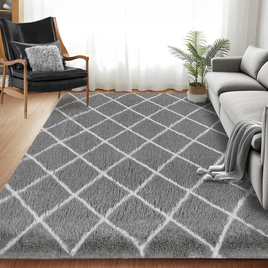 Fluffy Rug for Bedroom, Stripe Checkered Rug Anti-Skid High Pile for Living Room Bedroom Kids Room Nursery, Dorm Home Decor