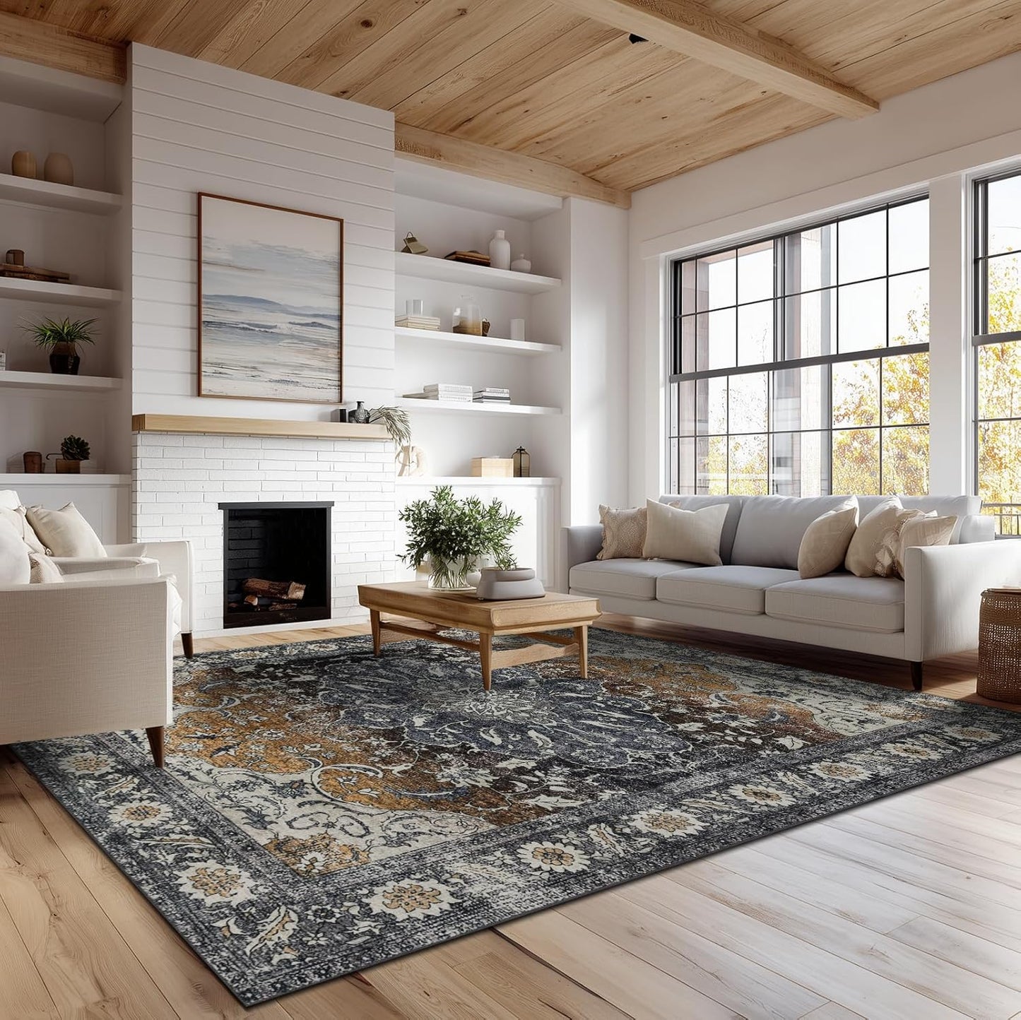 Washable Rugs 5x7 Area Rugs for Living Room, Thin Carpet for Bedroom, Soft Faux Wool Retro Dining Room Rug，Non Slip&Non-Shedding Resistant Low Pile Vintage Print Rug for Home Office (Tan/Gray)