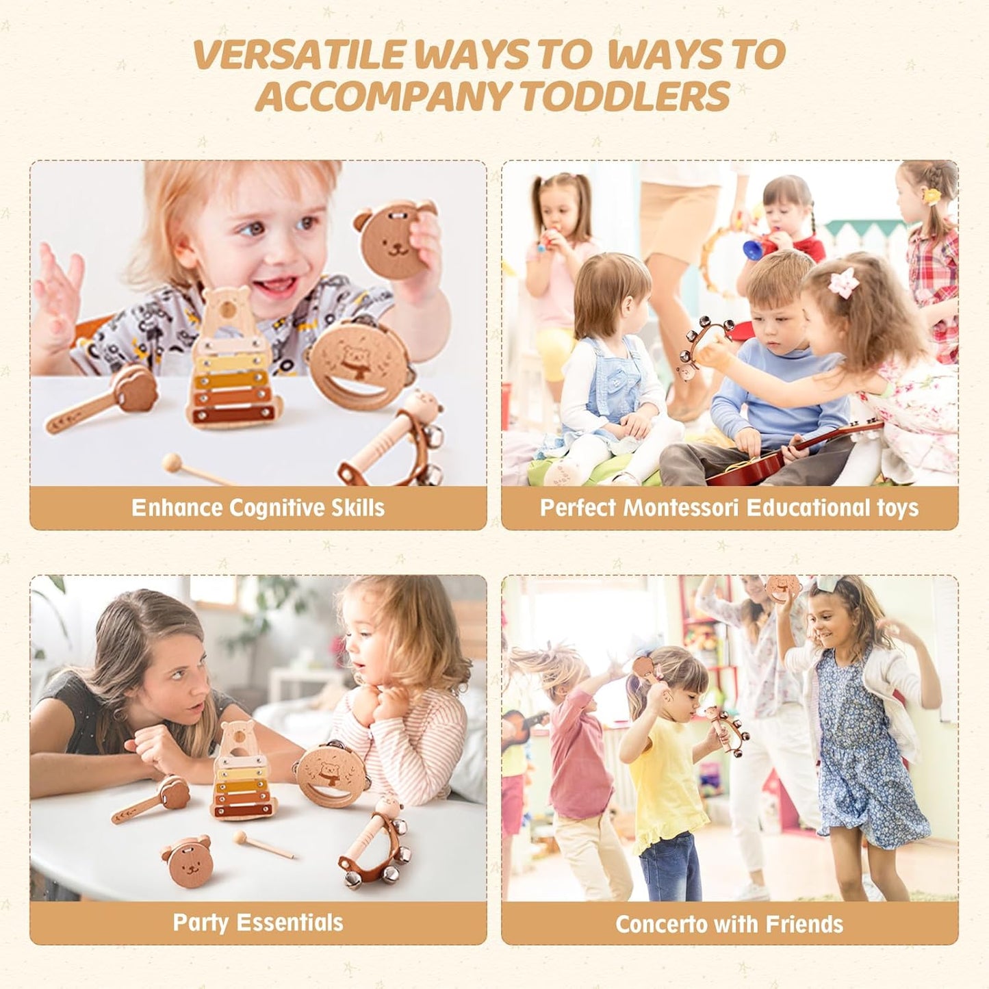 EERKEOD Toddlers Montessori Wooden Toys Percussion Musical Instruments with Xylophone Set for Girls Boys Kids Preschool Educational Toys