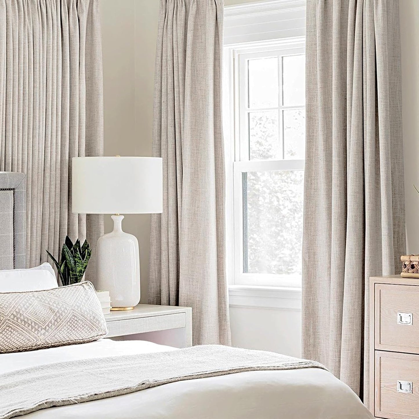 MIULEE 100% Blackout Linen Textured Curtains for Bedroom Solid Thermal Insulated Ivory Grommet Room Darkening Curtains & Drapes Luxury Decor for Living Room Nursery 52 x 90 Inch (2 Panels)