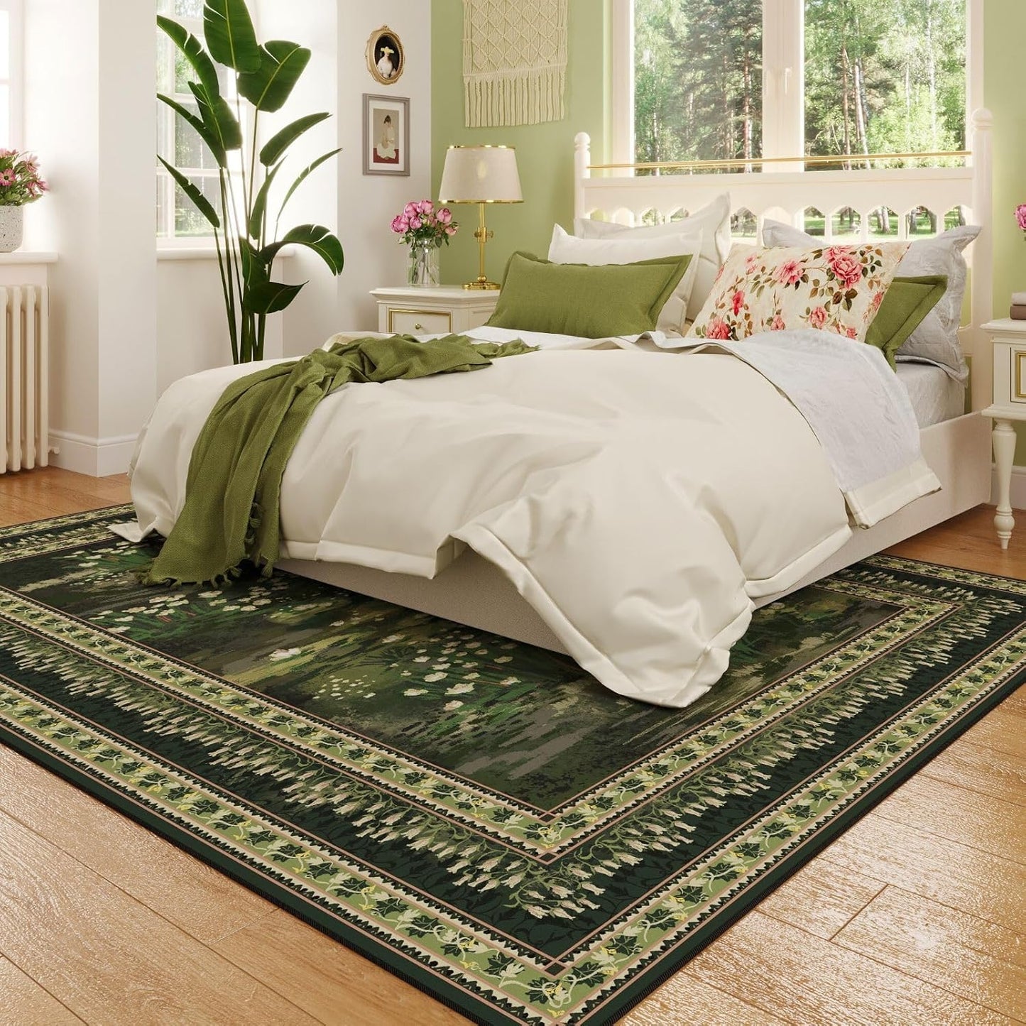 5x7 Area Rugs Impressionist-Style Vintage Washable Area Rug Non Slip Low Pile Large Rugs for Living Room Bedroom Farmhouse Dining Room Kids Playroom, Green