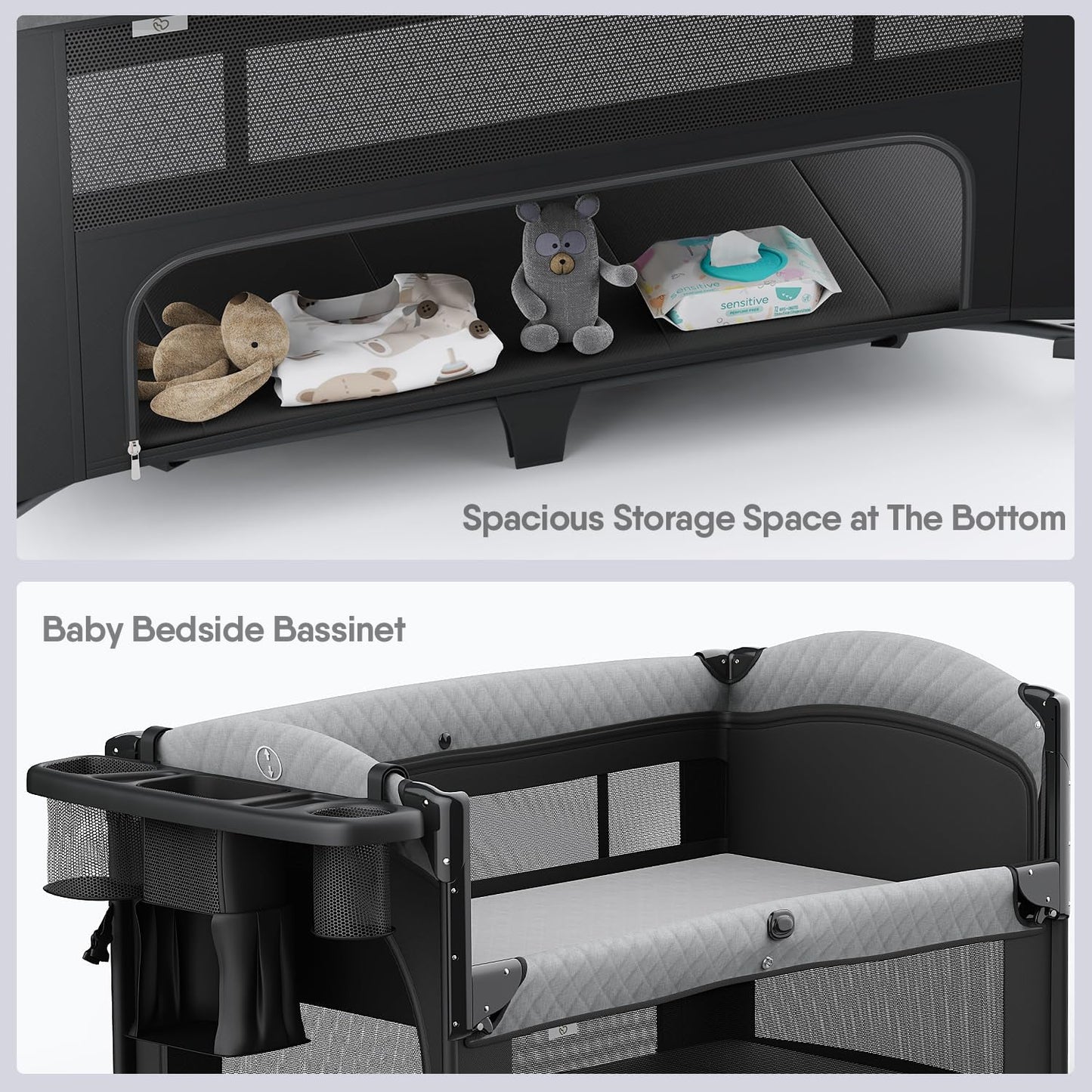4 in 1 Baby Bassinet, Pack and Play, Bedside Crib Sleeper, Diaper Changer - Comes with Mattress, Mosquito Net，Bottom Storage and Toy Bar for Newborn to Toddles