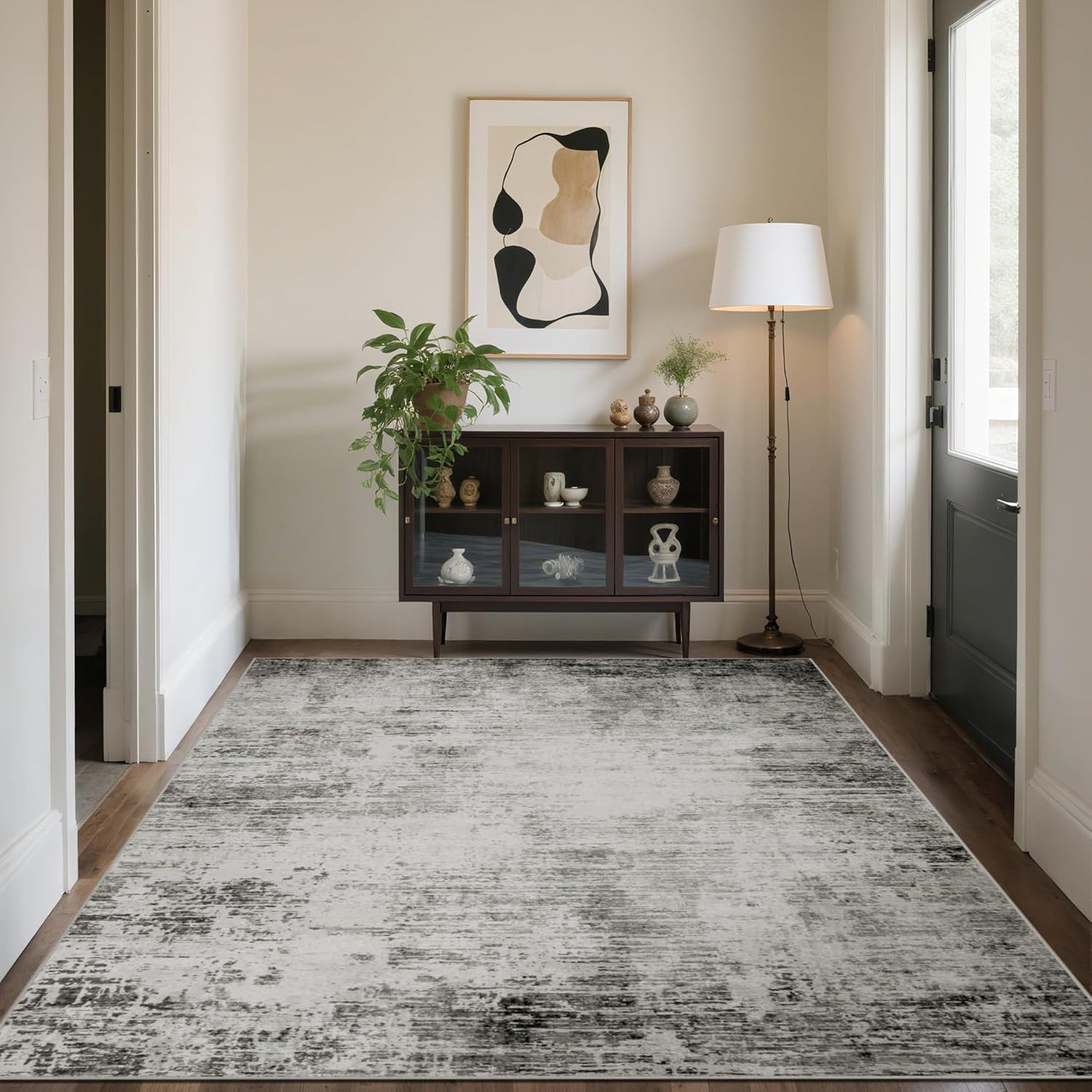 Area Rugs 8x10 Living Room Rugs: Modern Abstract Washable Rug with with Non-Slip Backing, Stain Resistant Indoor Floor Large Carpet for Bedroom Dining Room Table Nursery Hallway Home Office-Black/Gray
