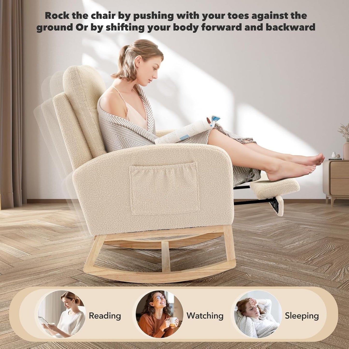 Rocking Chair Nursery, Nursing Rocking Chairs with Foot Rest for Mom Nursery, Rocker Glider Chair with High Backrest for Living Room, Bedroom, Upholstered Lounge Chair with Solid Wood Base for Relaxin