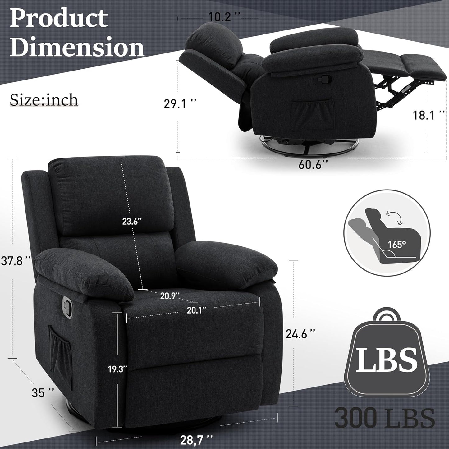 Recliner Chair, 360 Swivel Rocker Chair for Adults, Small Rocking Recliner Chair for Small Spaces, Upholstered Fabric Glider Recliner Nursery Chair with Side Pockets for Living Room, Nursery