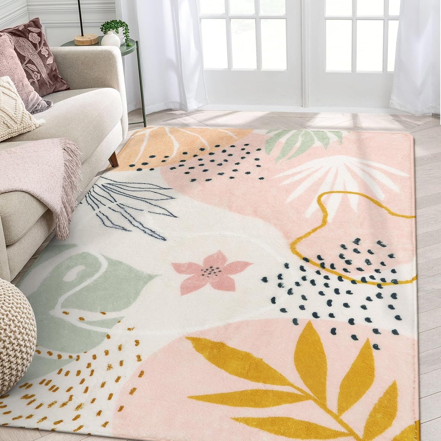Lahome Pink Rug for Living Room - 5x7 Area Rug Washable Non-Slip Boho Rugs for Bedroom Throw Cute Soft Kids Nursery Rug, Abstract Botanical Print Carpet for Classroom Dorm Entryway Office Dining Room