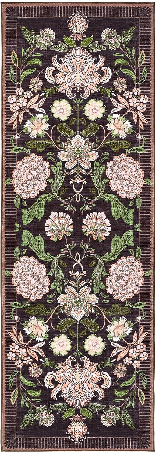 GarveeHome Plum Pink Floral Botanical 2x6 Washable Kitchen Runner Rugs Non Slip Black Purple Vintage Boho Cottage Long Rug for Hallways Bedroom Entryway Bathroom Mat with Rubber Back